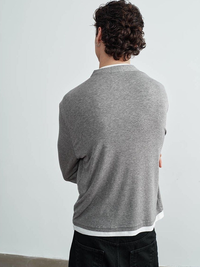 VLABMADE Wrinkle Resistant Colorblock Loose Fit Mens Henley Knitted Long Sleeve T-Shirts