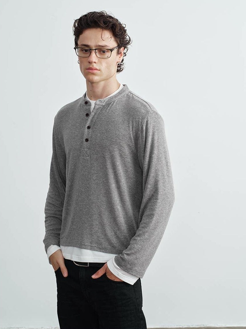 VLABMADE Wrinkle Resistant Colorblock Loose Fit Mens Henley Knitted Long Sleeve T-Shirts