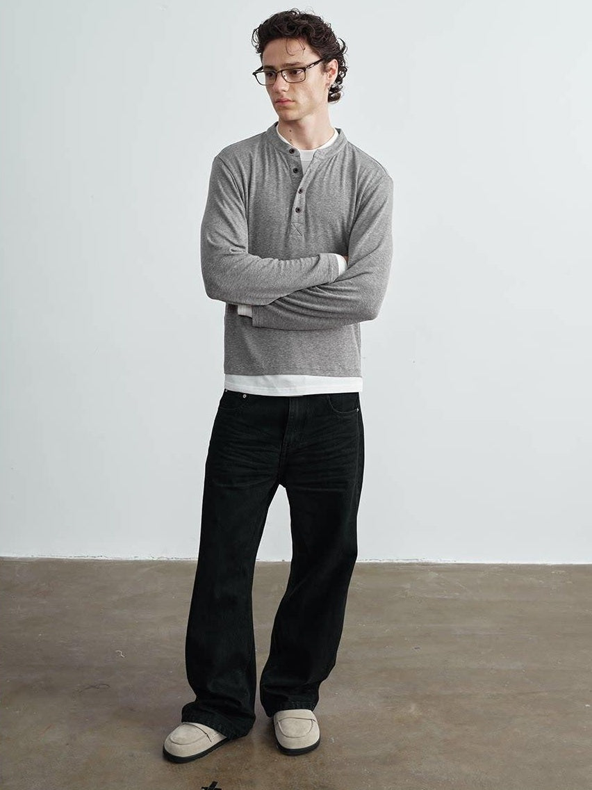 VLABMADE Wrinkle Resistant Colorblock Loose Fit Mens Henley Knitted Long Sleeve T-Shirts