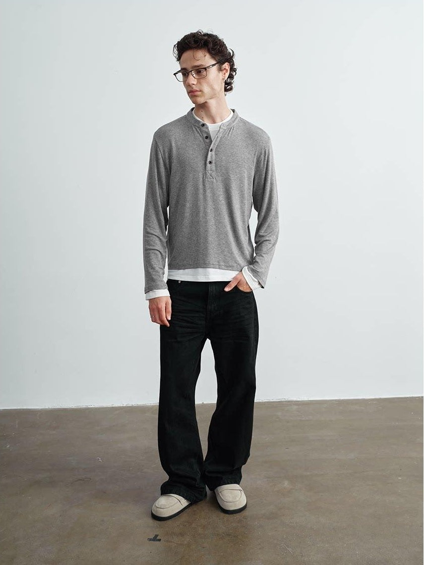 VLABMADE Wrinkle Resistant Colorblock Loose Fit Mens Henley Knitted Long Sleeve T-Shirts