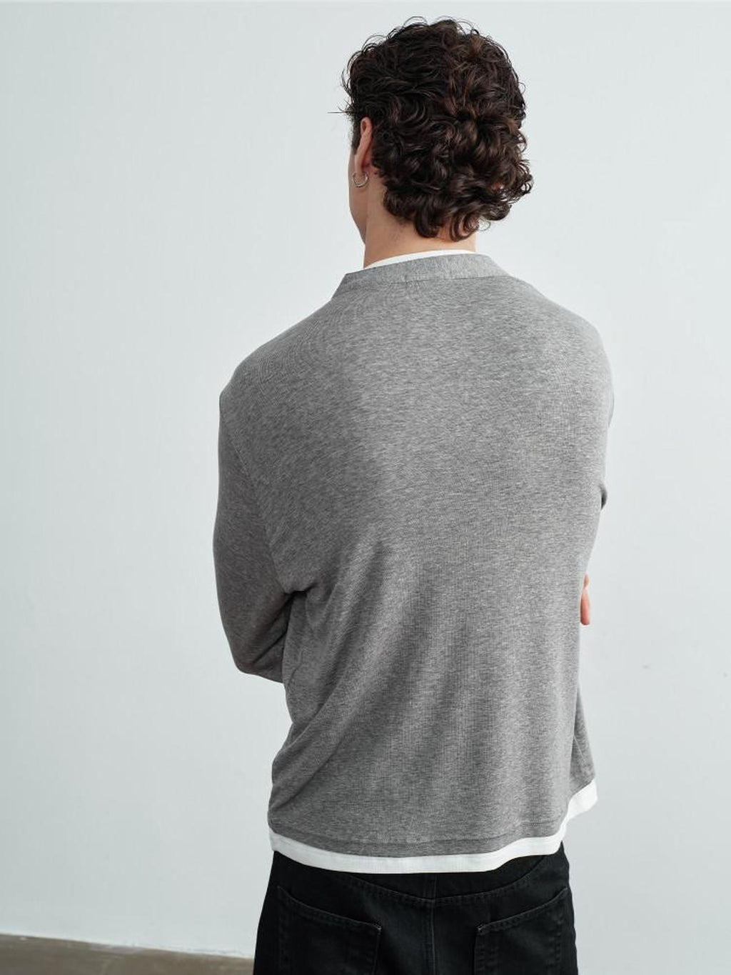 VLABMADE Wrinkle Resistant Colorblock Loose Fit Mens Henley Knitted Long Sleeve T-Shirts