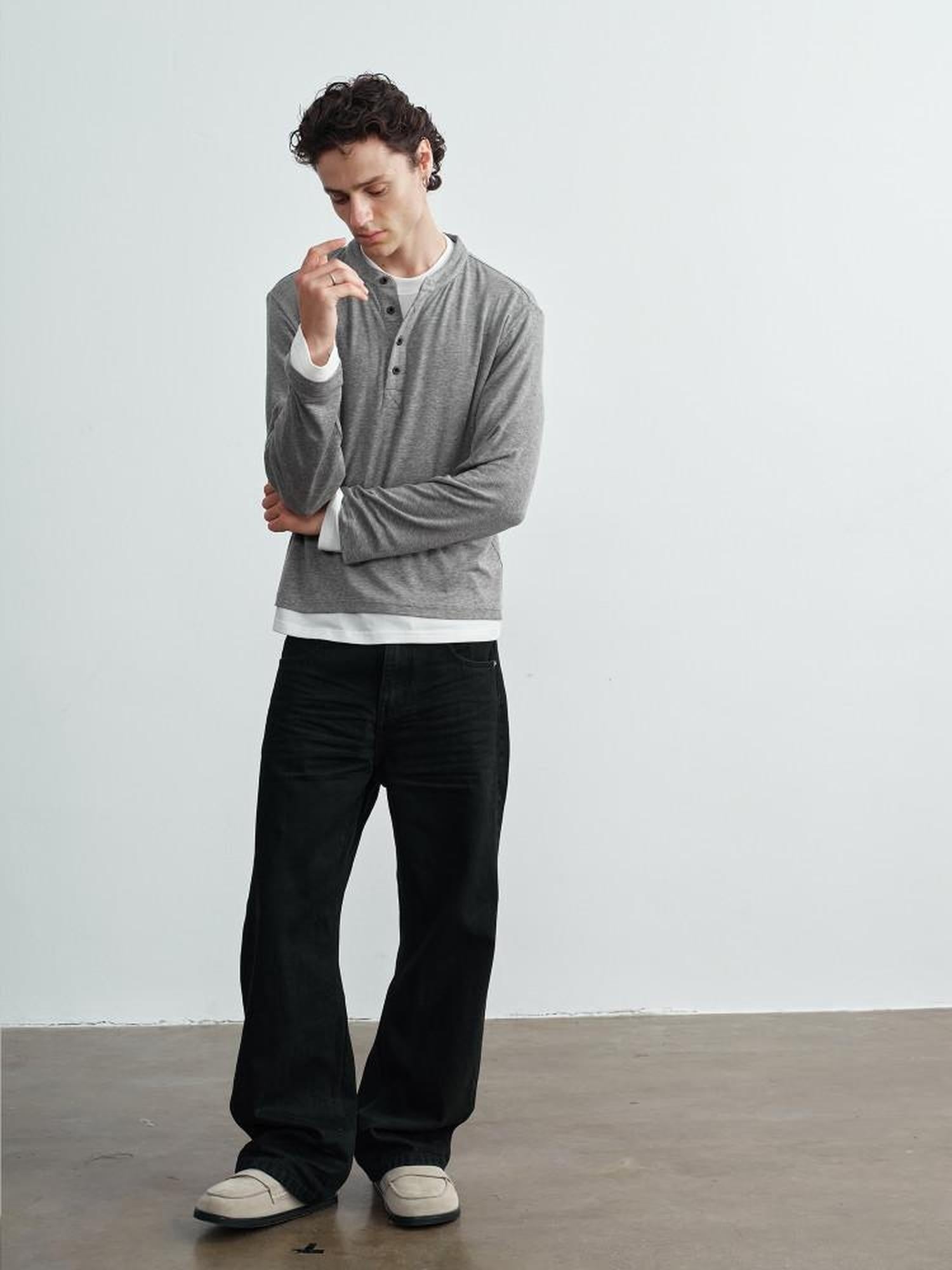 VLABMADE Wrinkle Resistant Colorblock Loose Fit Mens Henley Knitted Long Sleeve T-Shirts