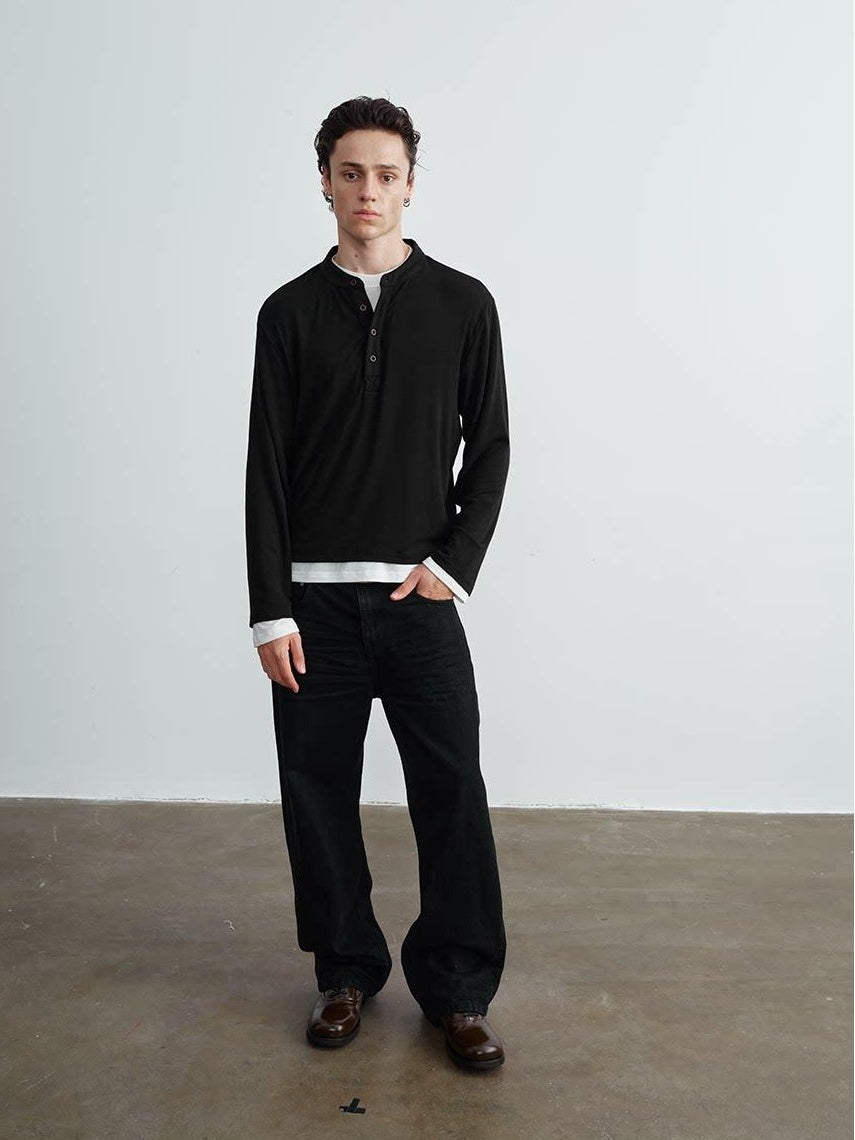 VLABMADE Wrinkle Resistant Colorblock Loose Fit Mens Henley Knitted Long Sleeve T-Shirts