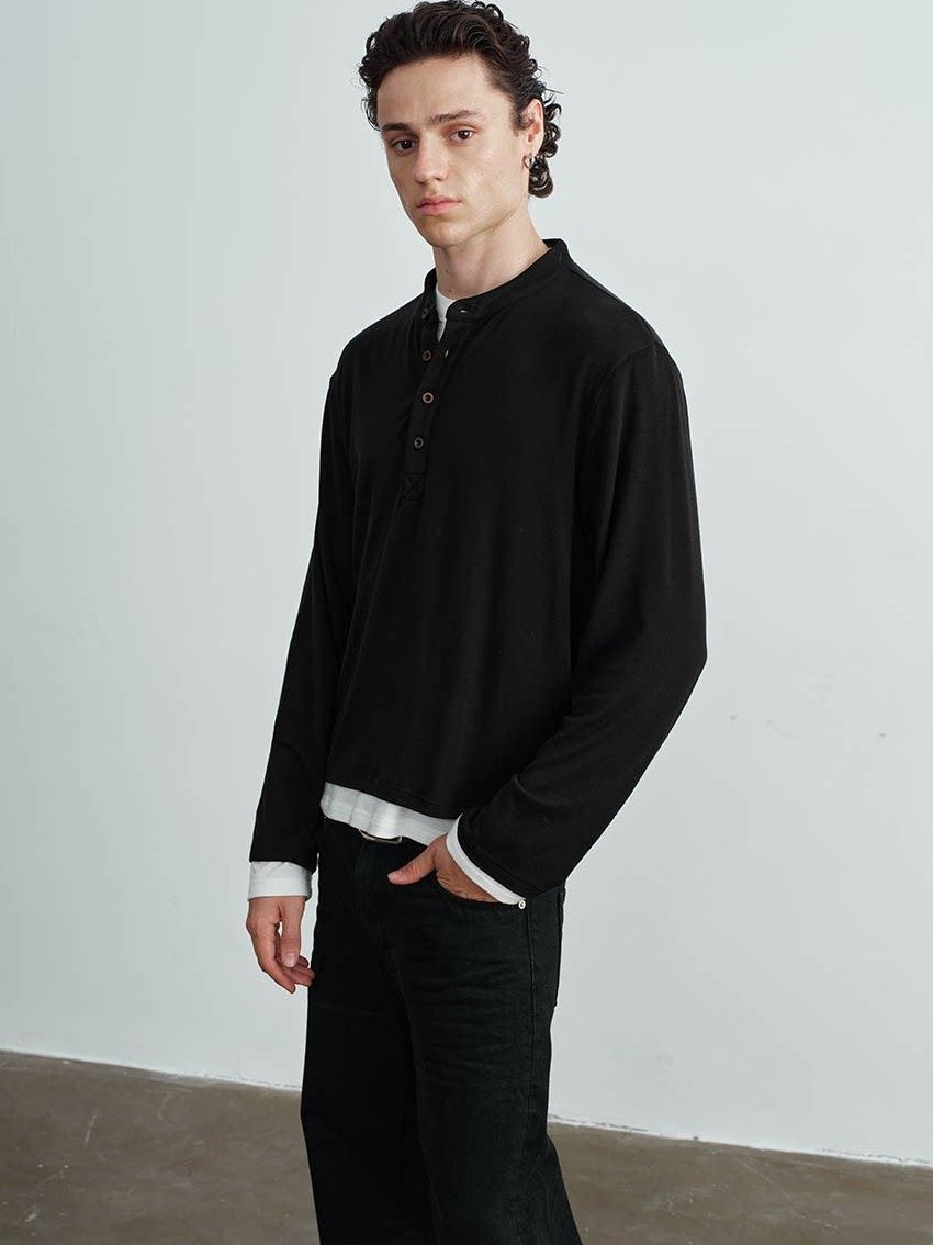VLABMADE Wrinkle Resistant Colorblock Loose Fit Mens Henley Knitted Long Sleeve T-Shirts