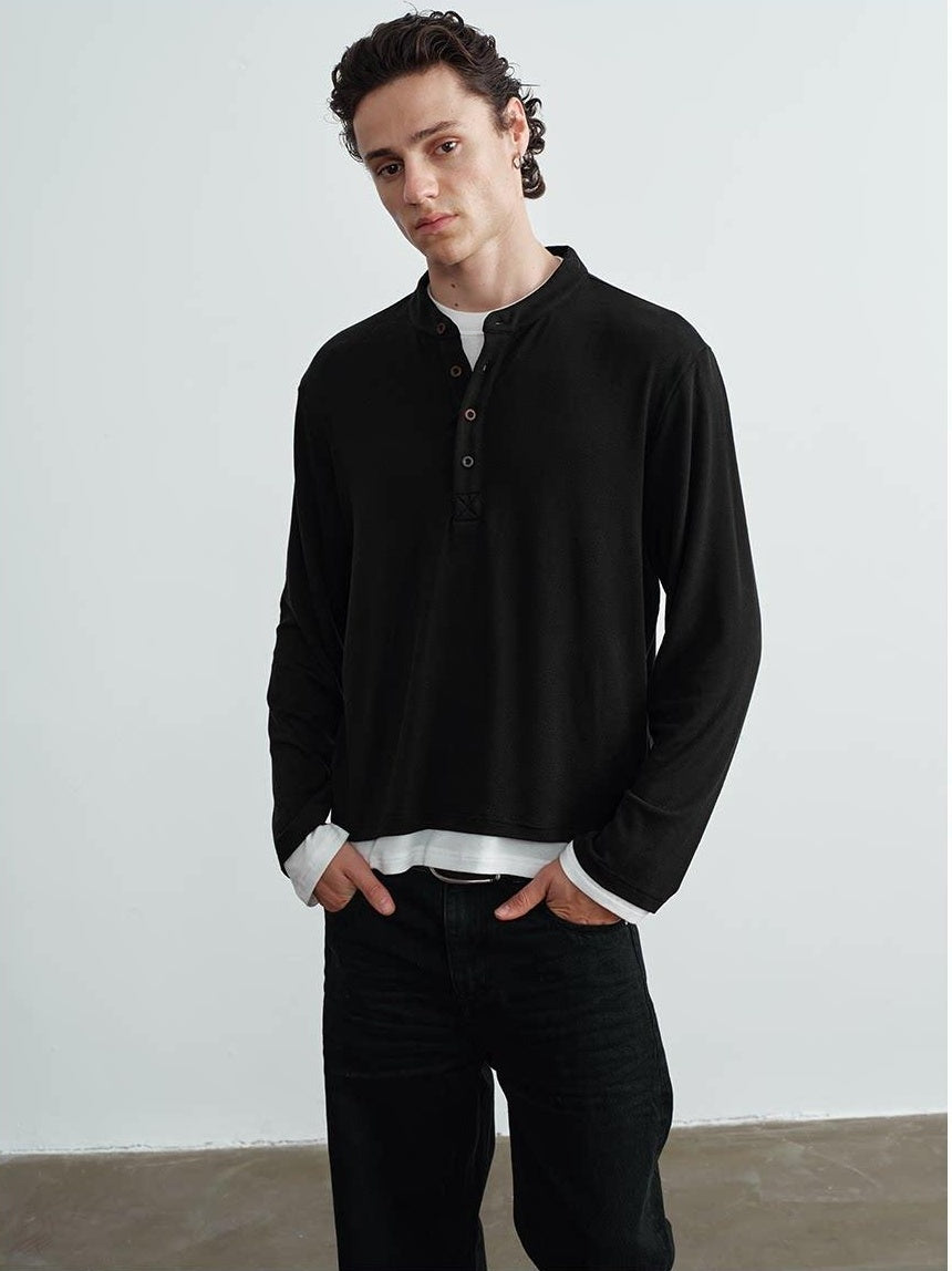VLABMADE Wrinkle Resistant Colorblock Loose Fit Mens Henley Knitted Long Sleeve T-Shirts