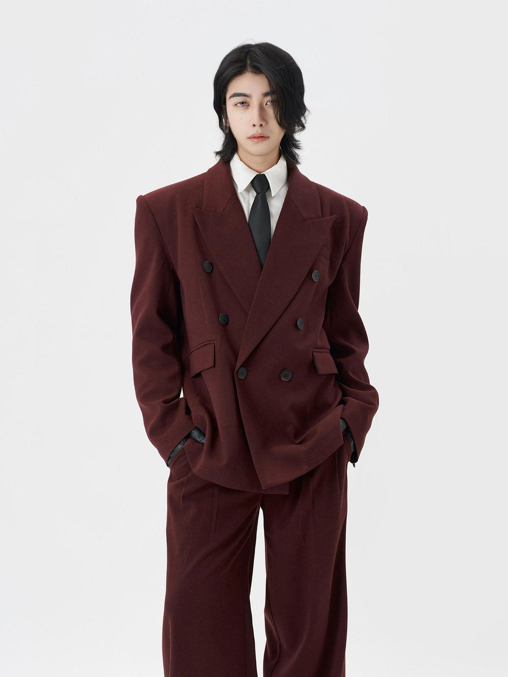 BALITONE Burgundy Black Buttoned Peak Lapel Business Casual Rear Vent Oversized Suits