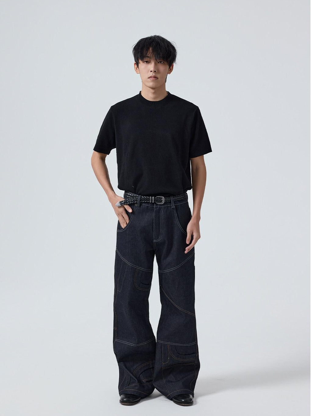 4JUNKS Wrinkle Free Breathable Relaxed Straight Midrise Casual Raw Denim Straight Pants