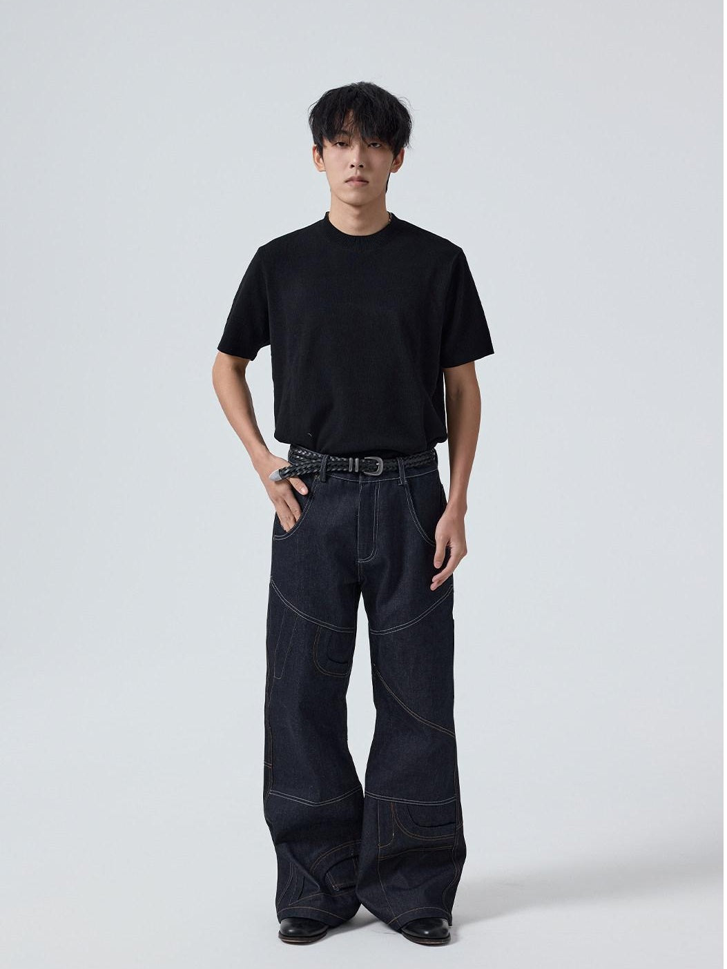 4JUNKS Wrinkle Free Breathable Relaxed Straight Midrise Casual Raw Denim Straight Pants