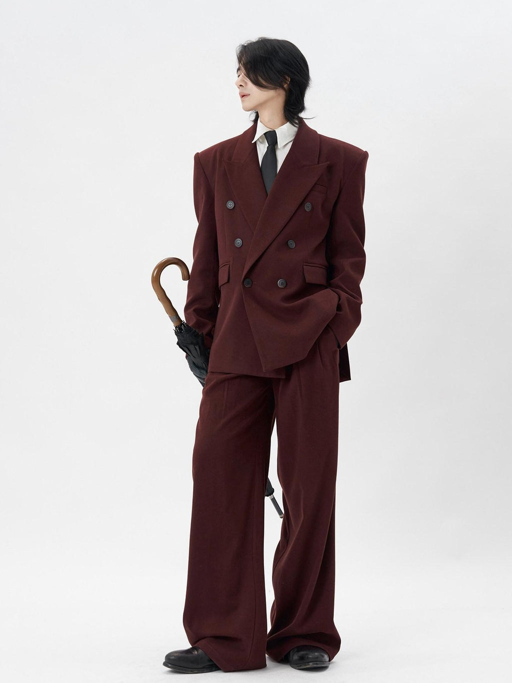 BALITONE Burgundy Black Buttoned Peak Lapel Business Casual Rear Vent Oversized Suits
