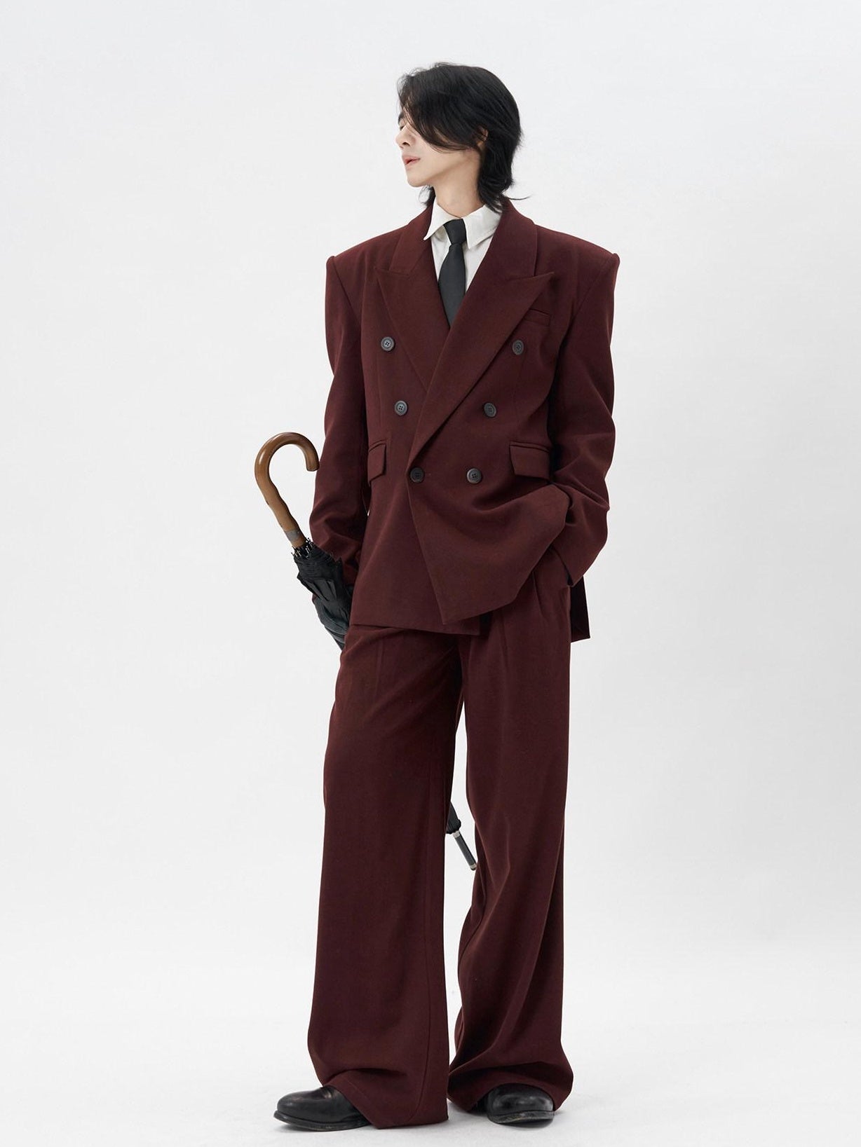 BALITONE Burgundy Black Buttoned Peak Lapel Business Casual Rear Vent Oversized Suits