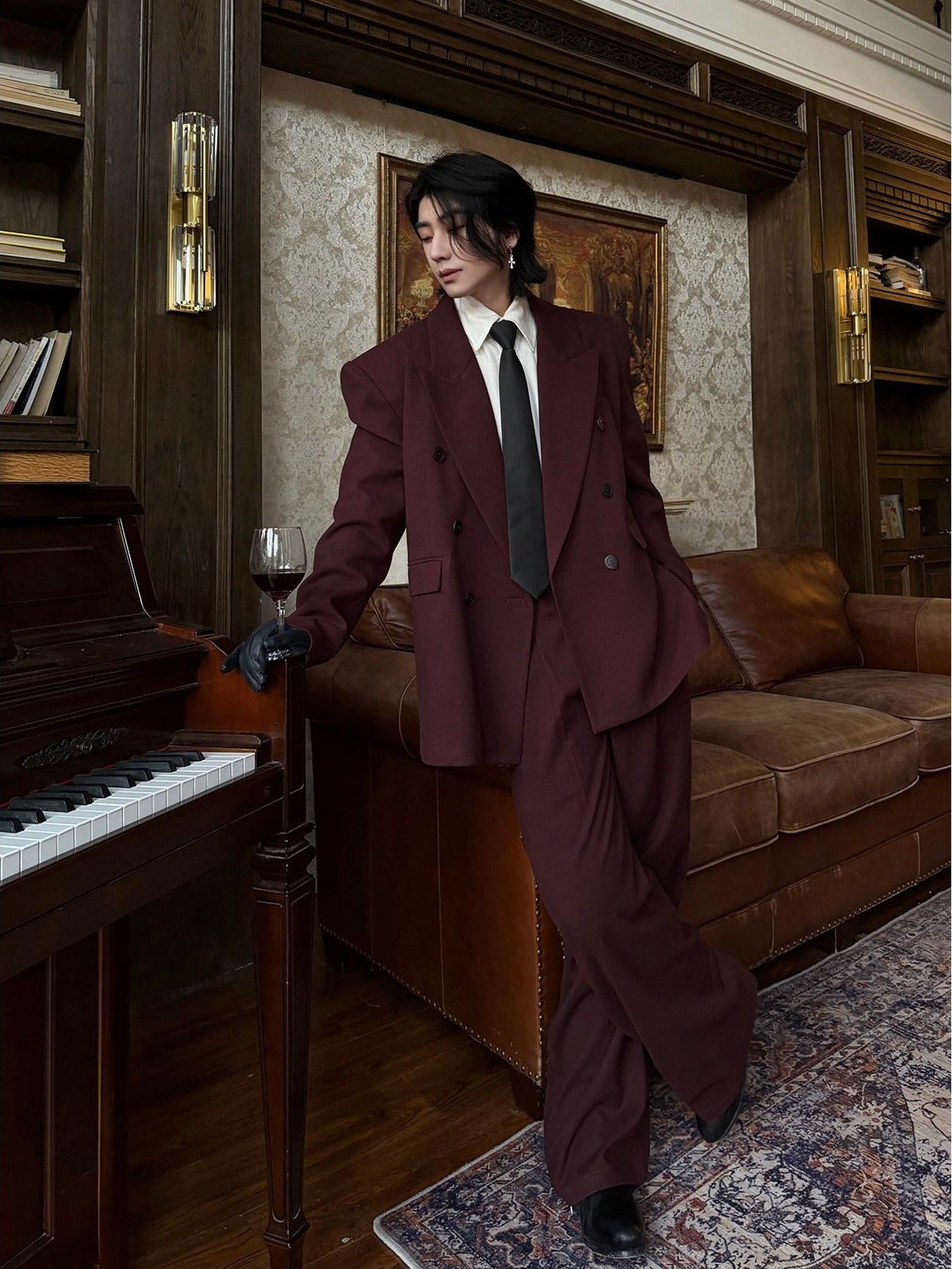 BALITONE Burgundy Black Buttoned Peak Lapel Business Casual Rear Vent Oversized Suits