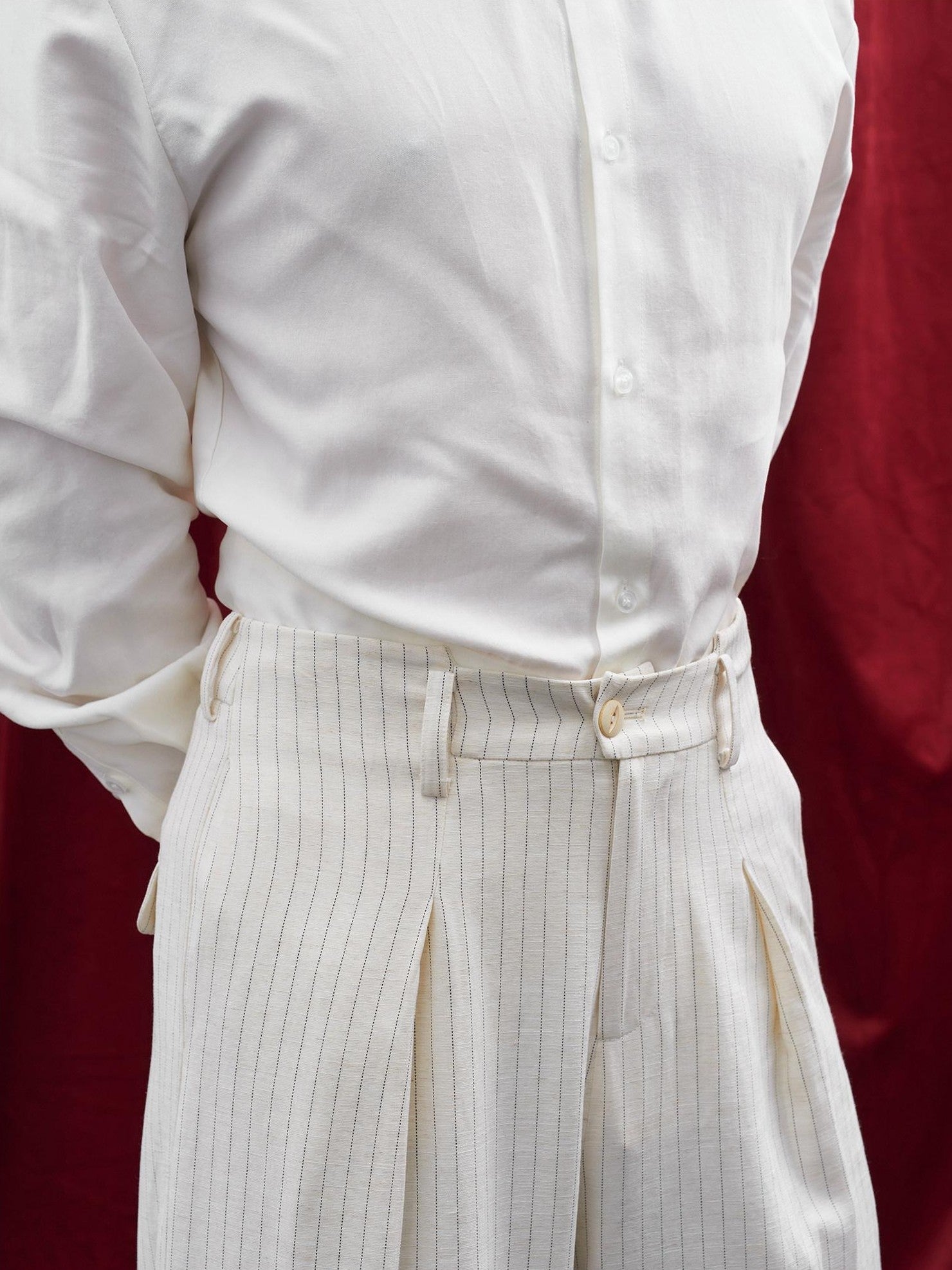 BALITONE White Striped Pleated Viscose Linen Micro Stretch Straight-Leg Casual Trousers