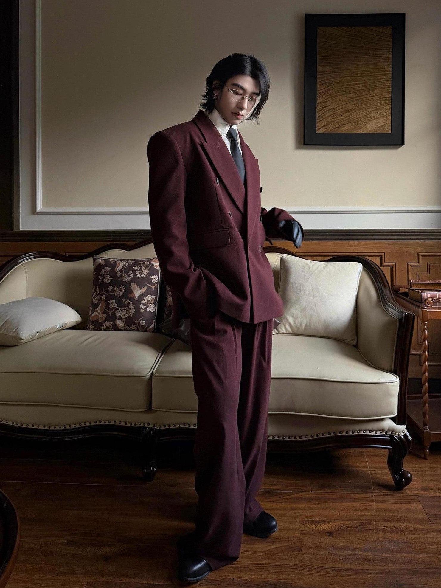 BALITONE Burgundy Black Buttoned Peak Lapel Business Casual Rear Vent Oversized Suits