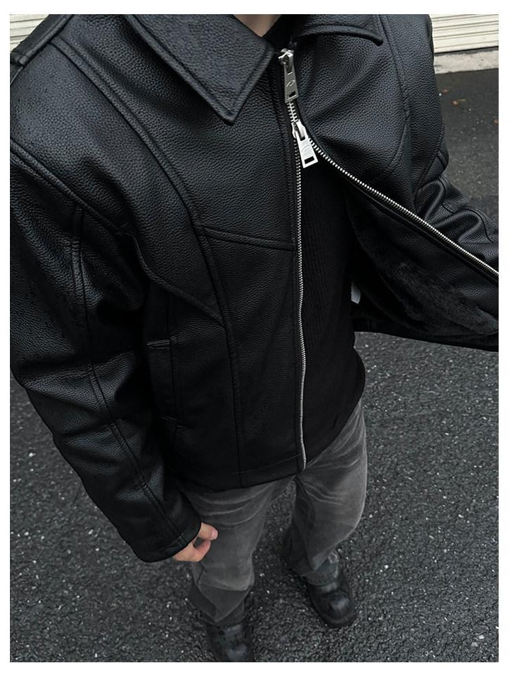 CATSSTAC Fleece Lined Warm Youthful Standard Fit Casual Black Zip Front Leather Jackets
