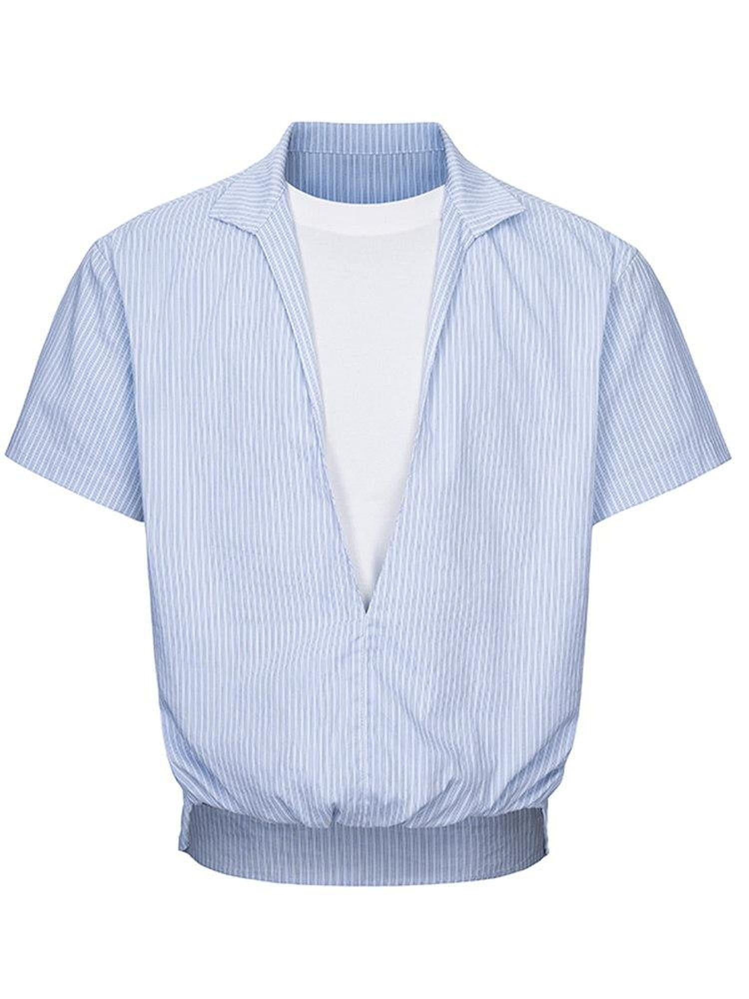 CATSSTAC Loose Fit Faux Two Piece V-neck Striped Short Sleeve Unisex Casual Shirts