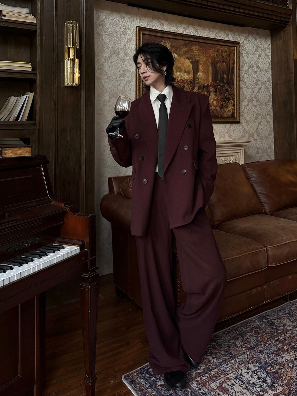 BALITONE Burgundy Black Buttoned Peak Lapel Business Casual Rear Vent Oversized Suits