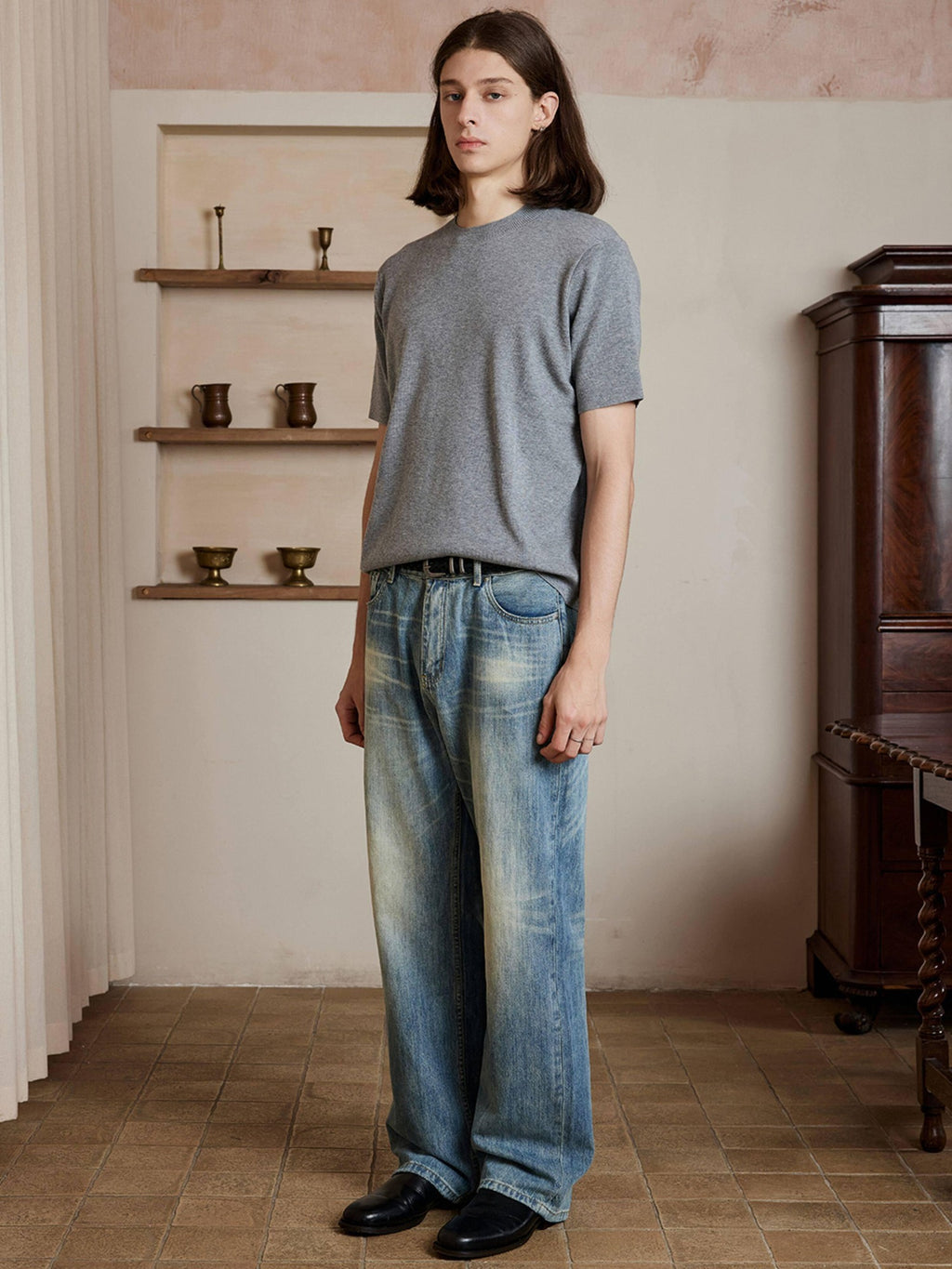 4JUNKS Washed 100% Cotton Mid Rise Loose Wide Straight Casual Denim Straight Leg Jeans