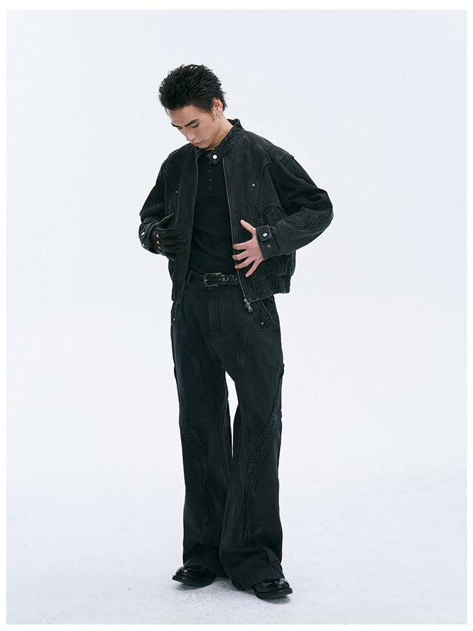 CATSSTAC Comfortable Relaxed Fit Youthful Stand Collar Long Sleeve Black Denim Jackets