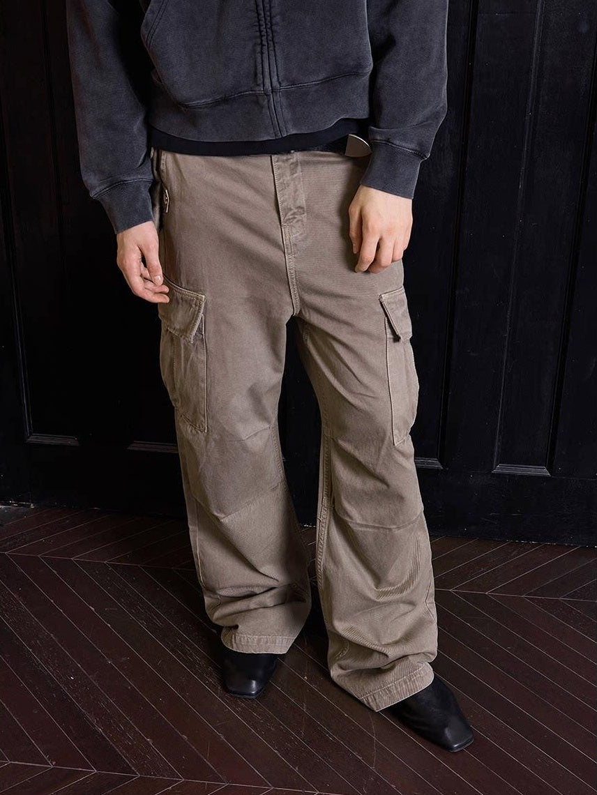 VLABMADE 100% Cotton Loose Straight Zipper Distressed Khaki Casual Classic Cargo Pants