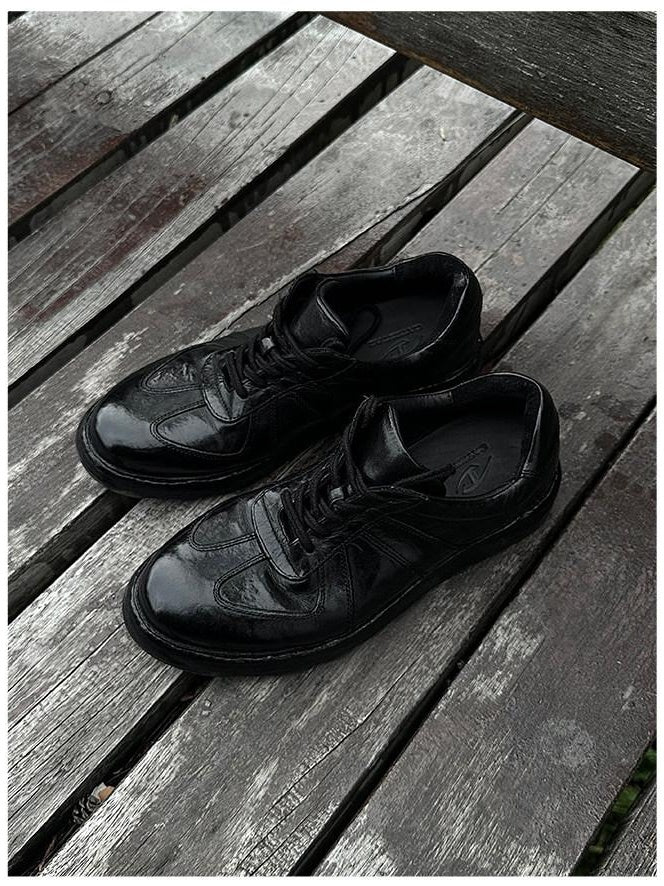CATSSTAC Durable Horse Leather Casual Low Profile Lace Up Black German Trainer Sneakers