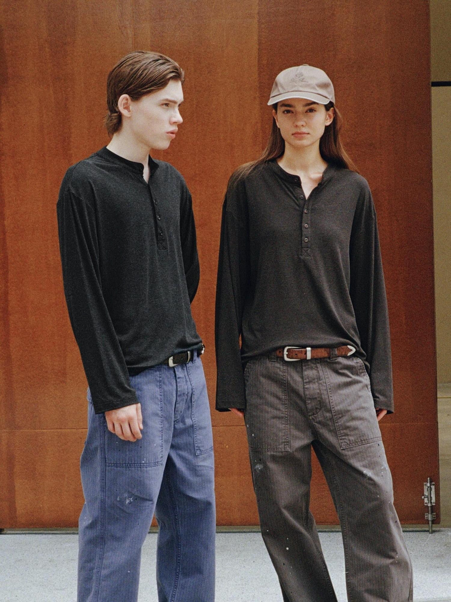 VLABMADE Wrinkle Free Lyocell Wool Relaxed Henley Unisex Citywalk Long Sleeve T-Shirts
