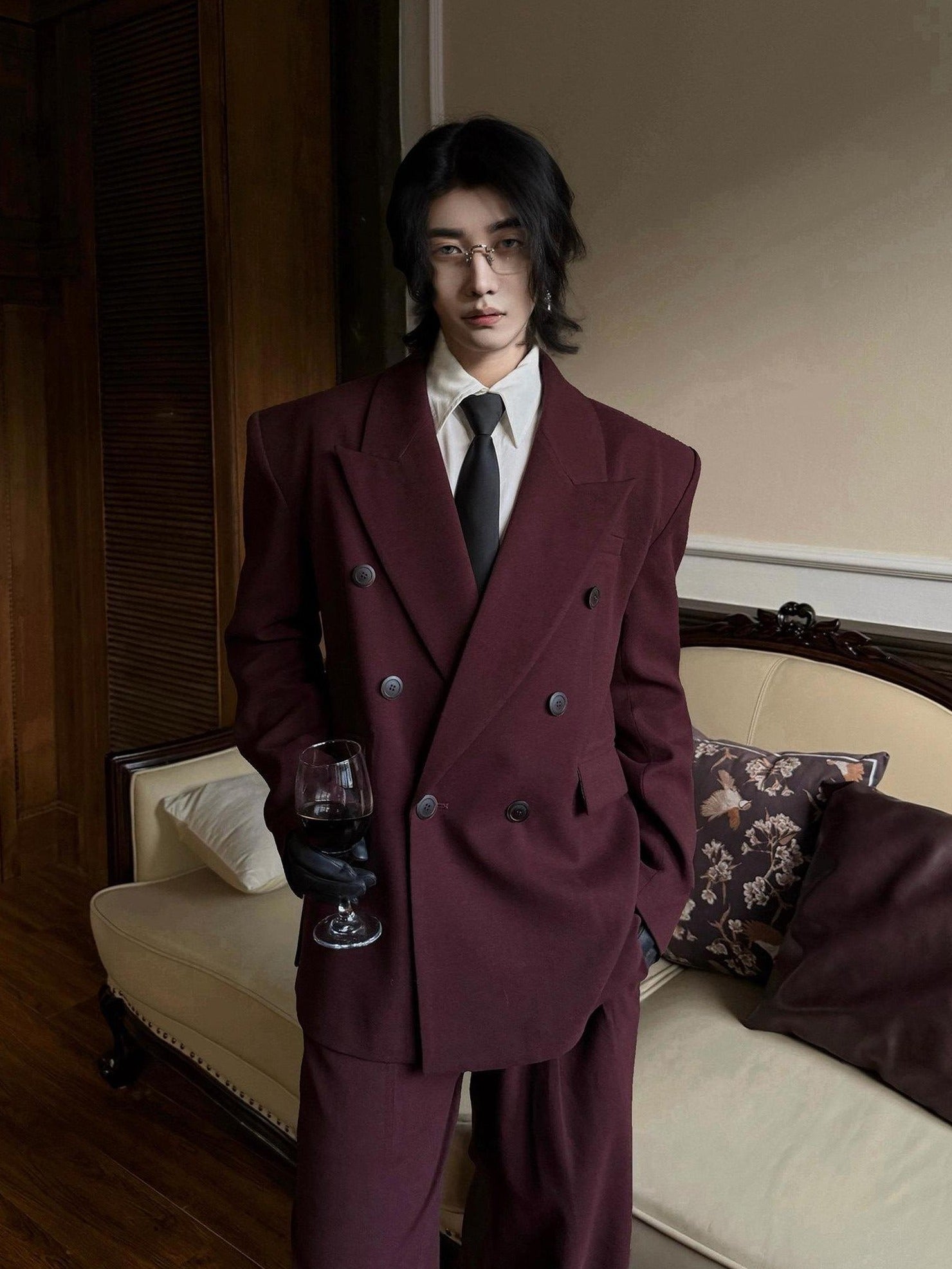 BALITONE Burgundy Black Buttoned Peak Lapel Business Casual Rear Vent Oversized Suits