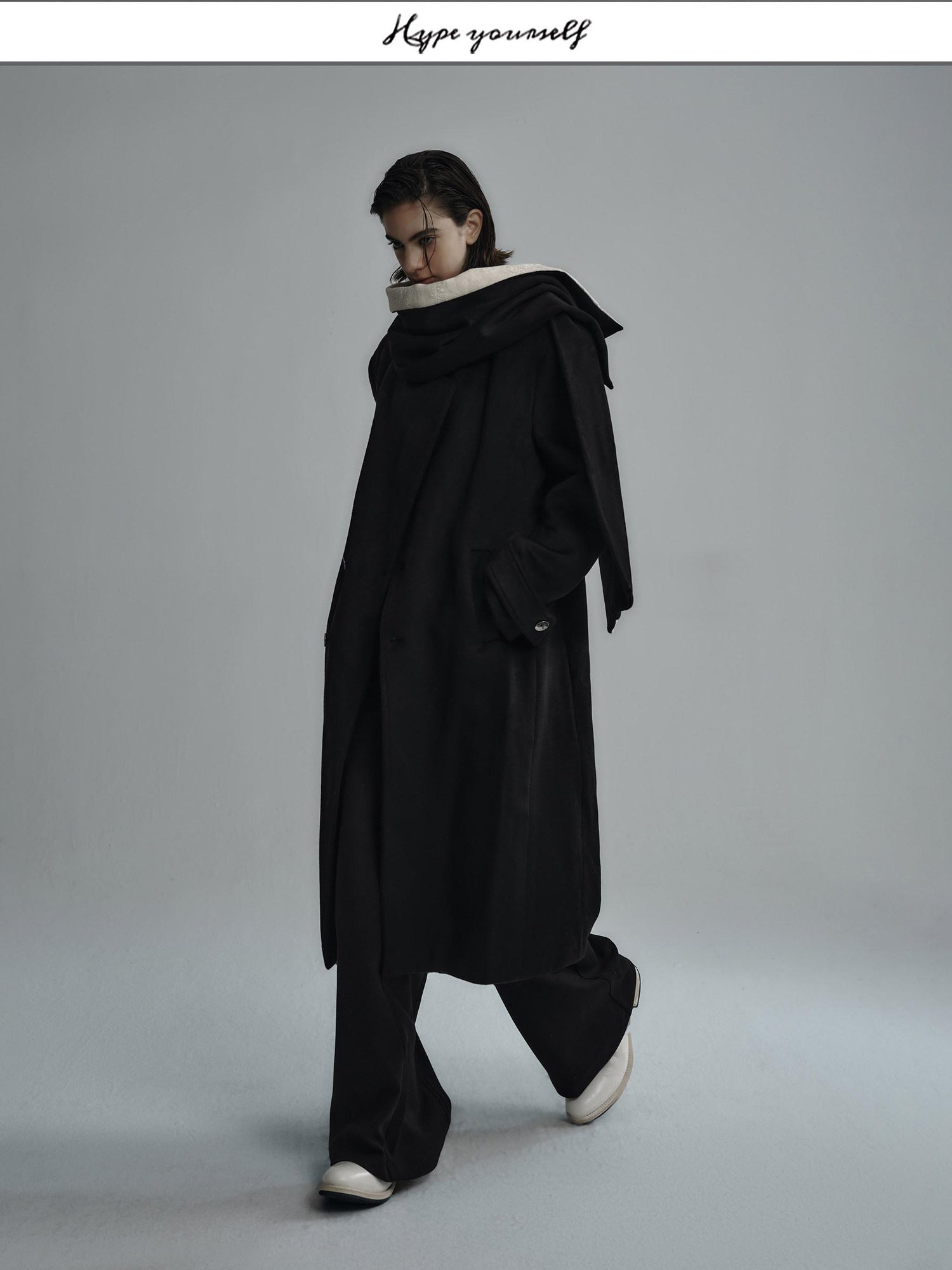 Hypeyourself Warm Trendy Collarless Mid Length Regular Youth Black Single Breasted Wool Coats