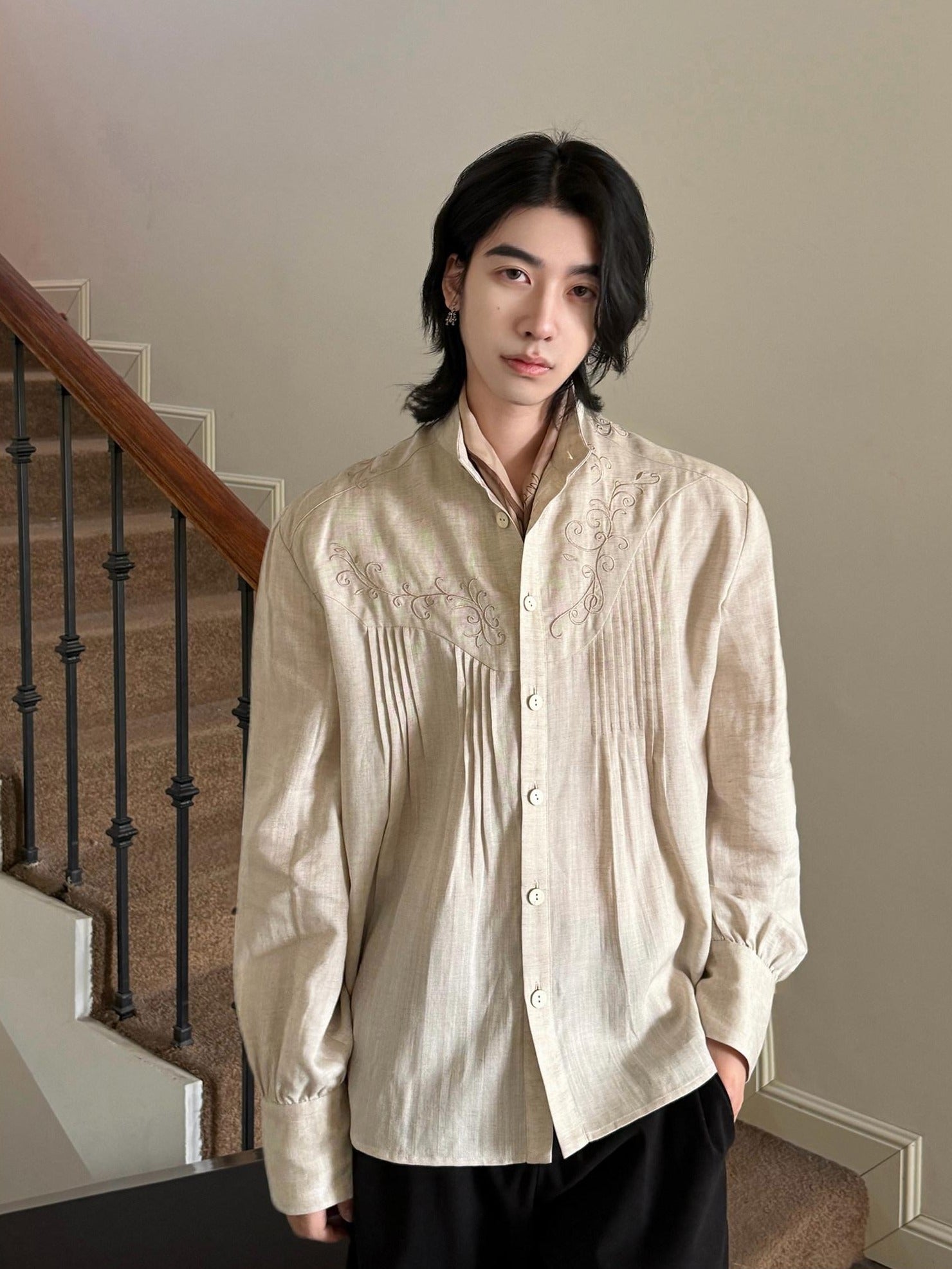 BALITONE Lyocell Linen Embroidered Pleated Regal Stand Collar Unisex Band-Collar Shirts