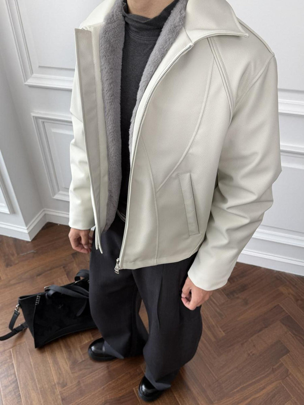 CATSSTAC Oversized Mountain Embossed Lapel Zip Casual Unisex Thick Leather Jackets
