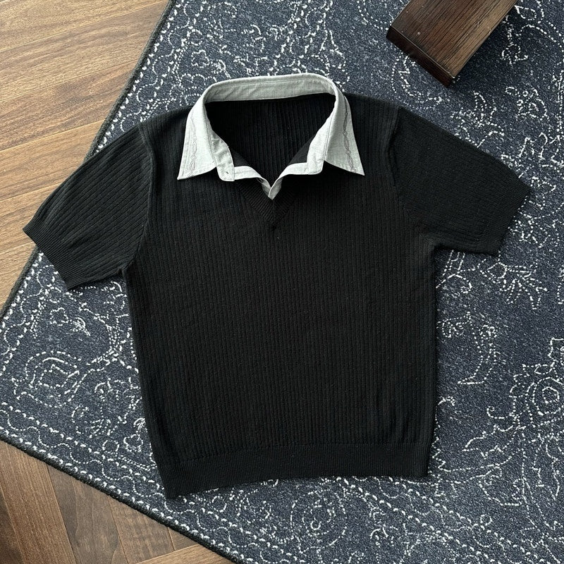 CATSSTAC_Soft_Modal_Loose_Fit_Faux_Two_Piece_Turndown_Collar_Unisex_Short_Sleeve_T-Shirts_MISSTT
