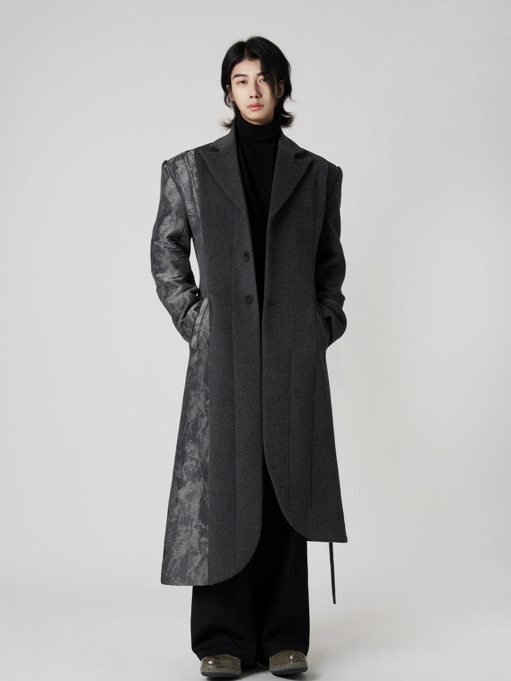 BALITONE Wrinkle Free Slim Fit Irregular Hem Blazer Collar Trendy Deep Gray Wool Coats