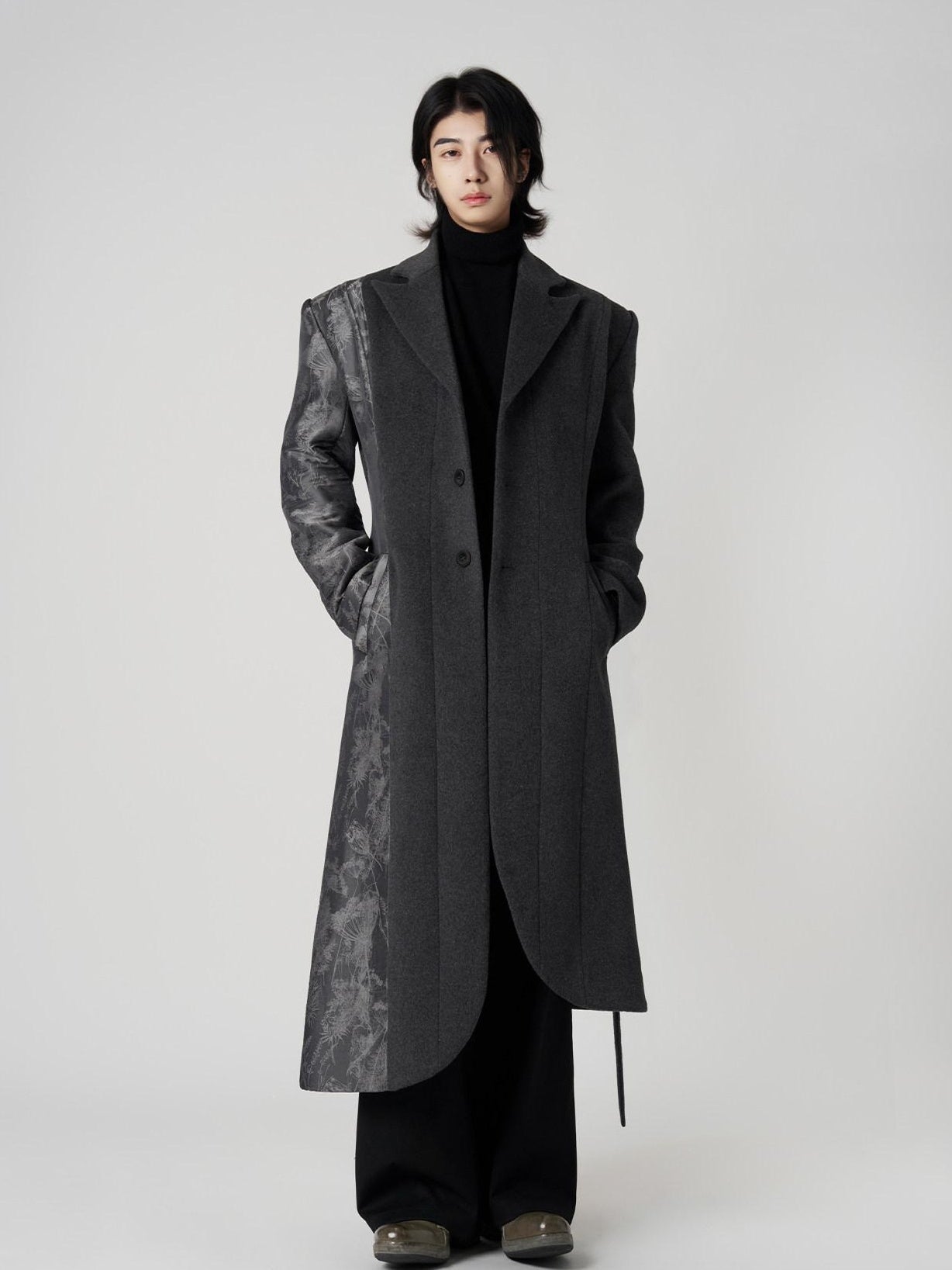BALITONE Wrinkle Free Slim Fit Irregular Hem Blazer Collar Trendy Deep Gray Wool Coats