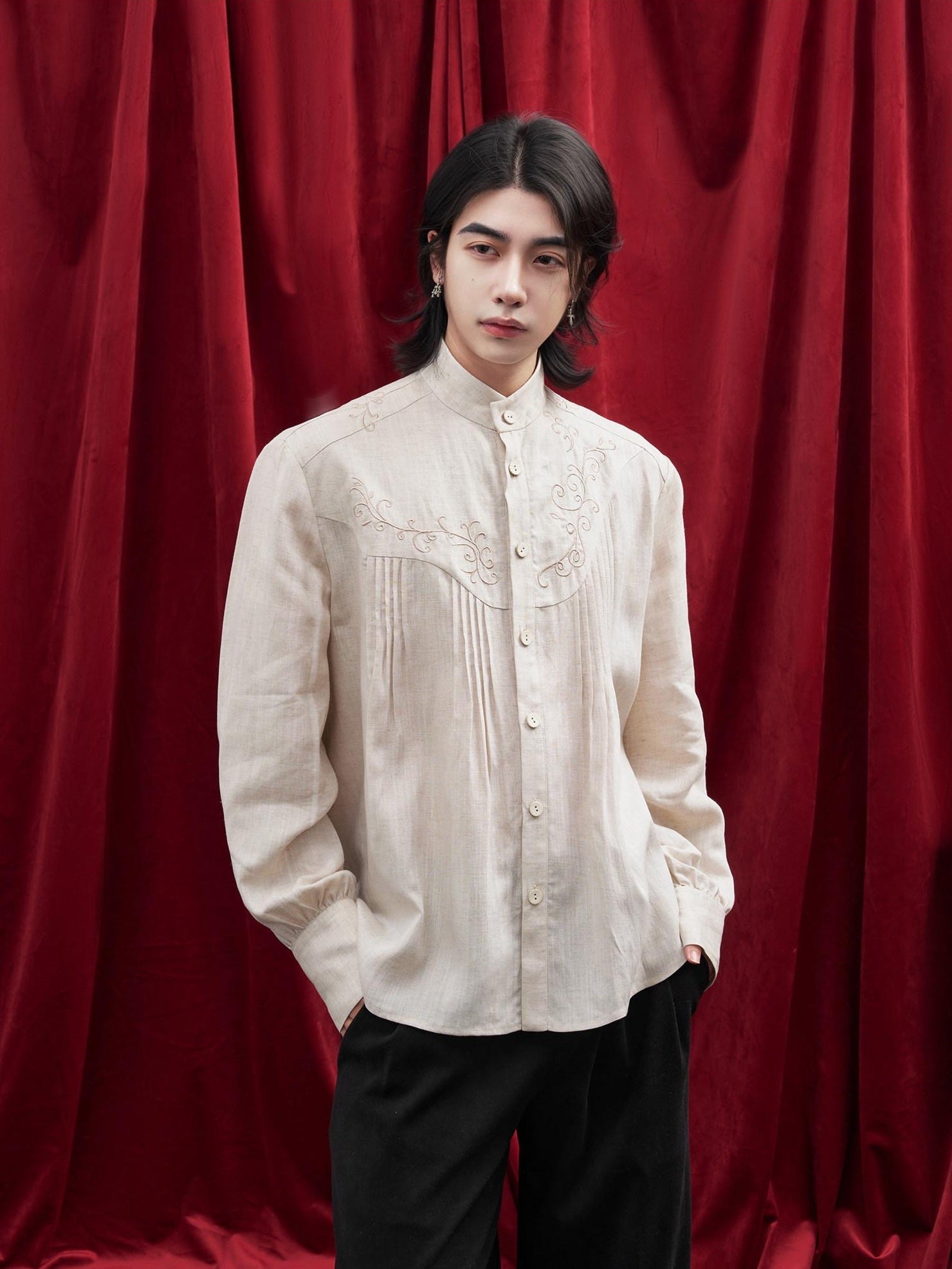 BALITONE Lyocell Linen Embroidered Pleated Regal Stand Collar Unisex Band-Collar Shirts