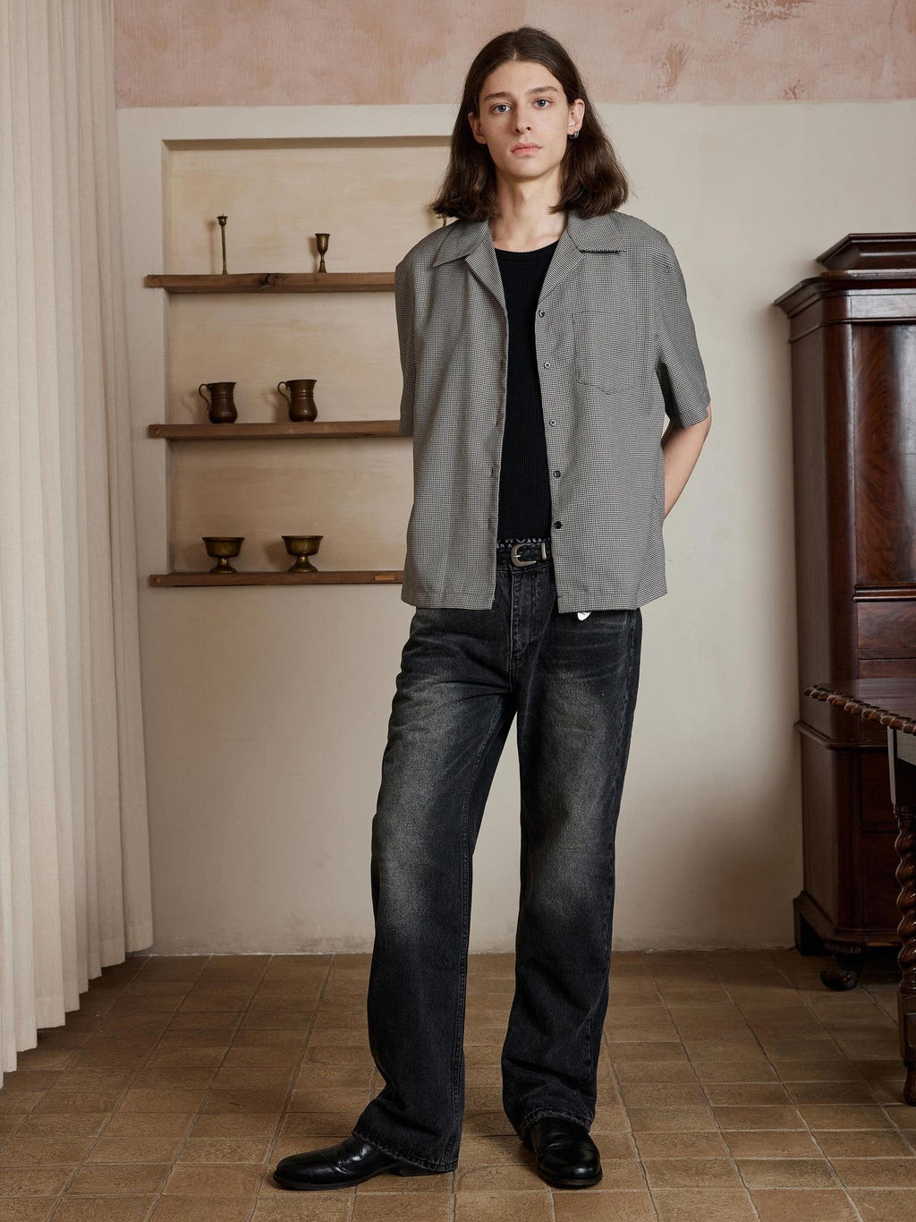 4JUNKS Washed 100% Cotton Mid Rise Loose Wide Straight Casual Denim Straight Leg Jeans