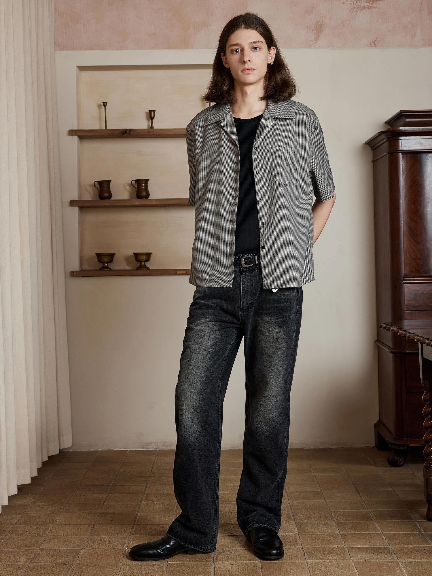 4JUNKS Washed 100% Cotton Mid Rise Loose Wide Straight Casual Denim Straight Leg Jeans