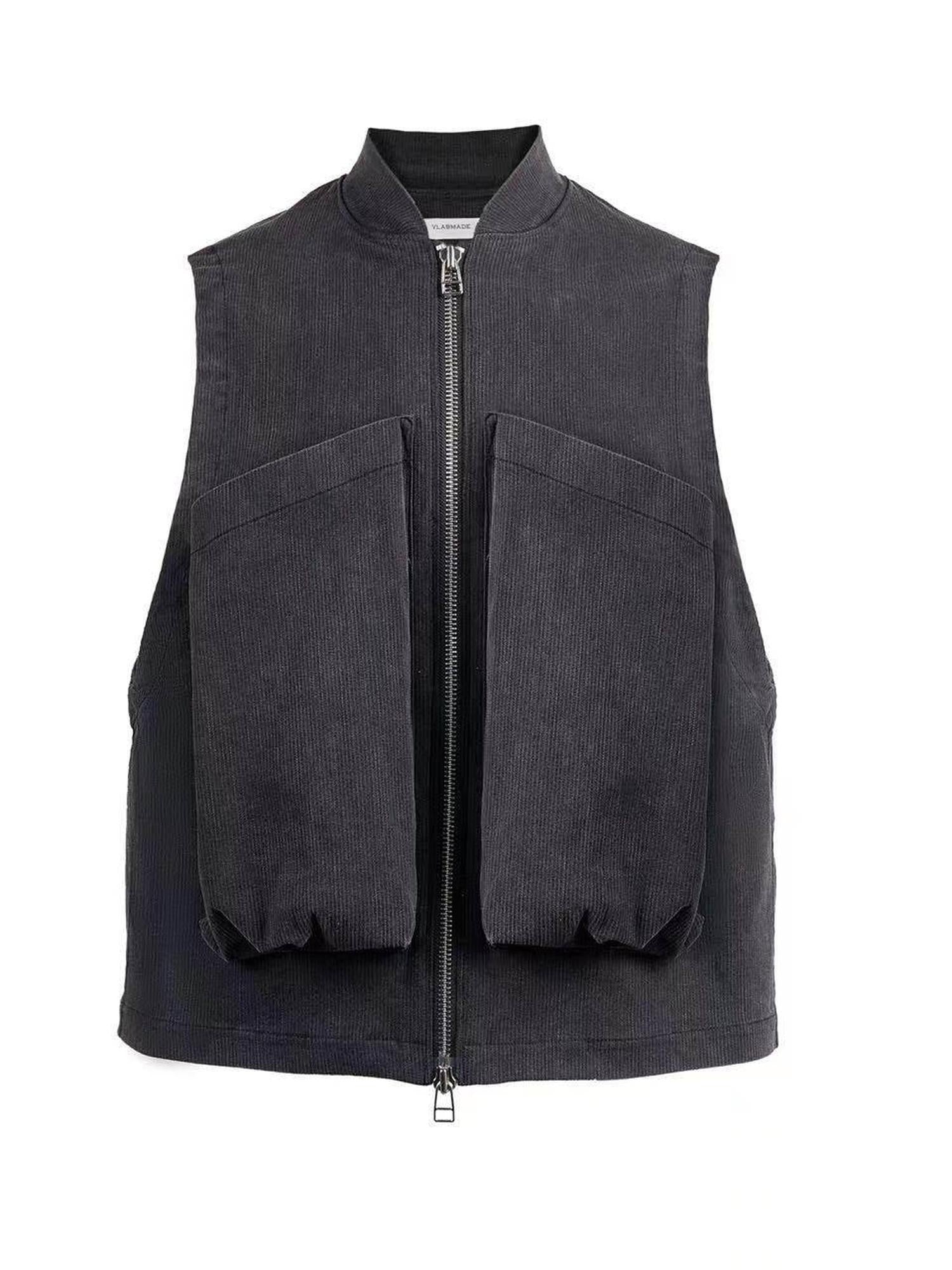 VLABMADE Washed Cotton Blend Loose Stand Collar Zipper Patch Pocket Youth Work Vests