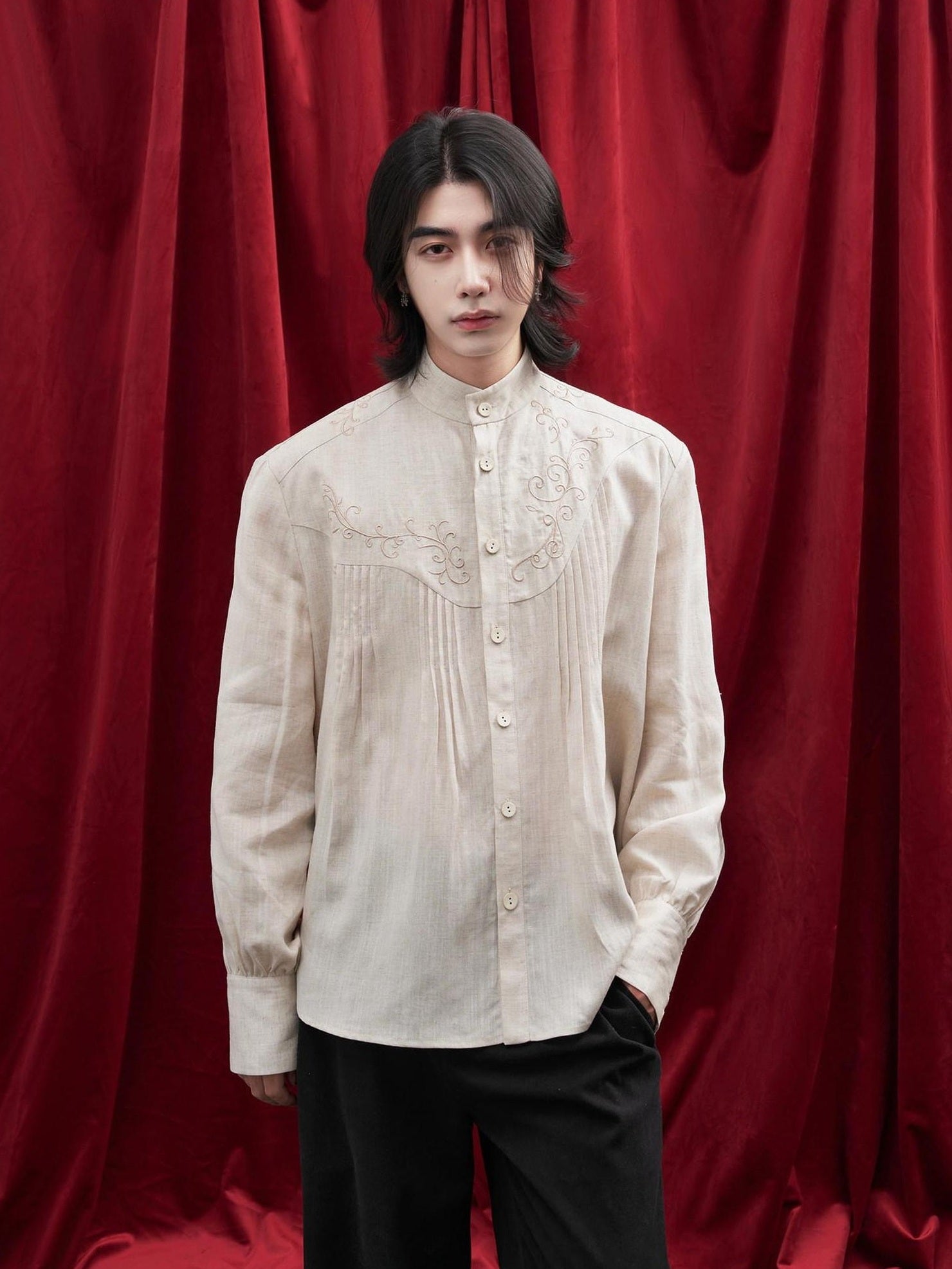 BALITONE Lyocell Linen Embroidered Pleated Regal Stand Collar Unisex Band-Collar Shirts