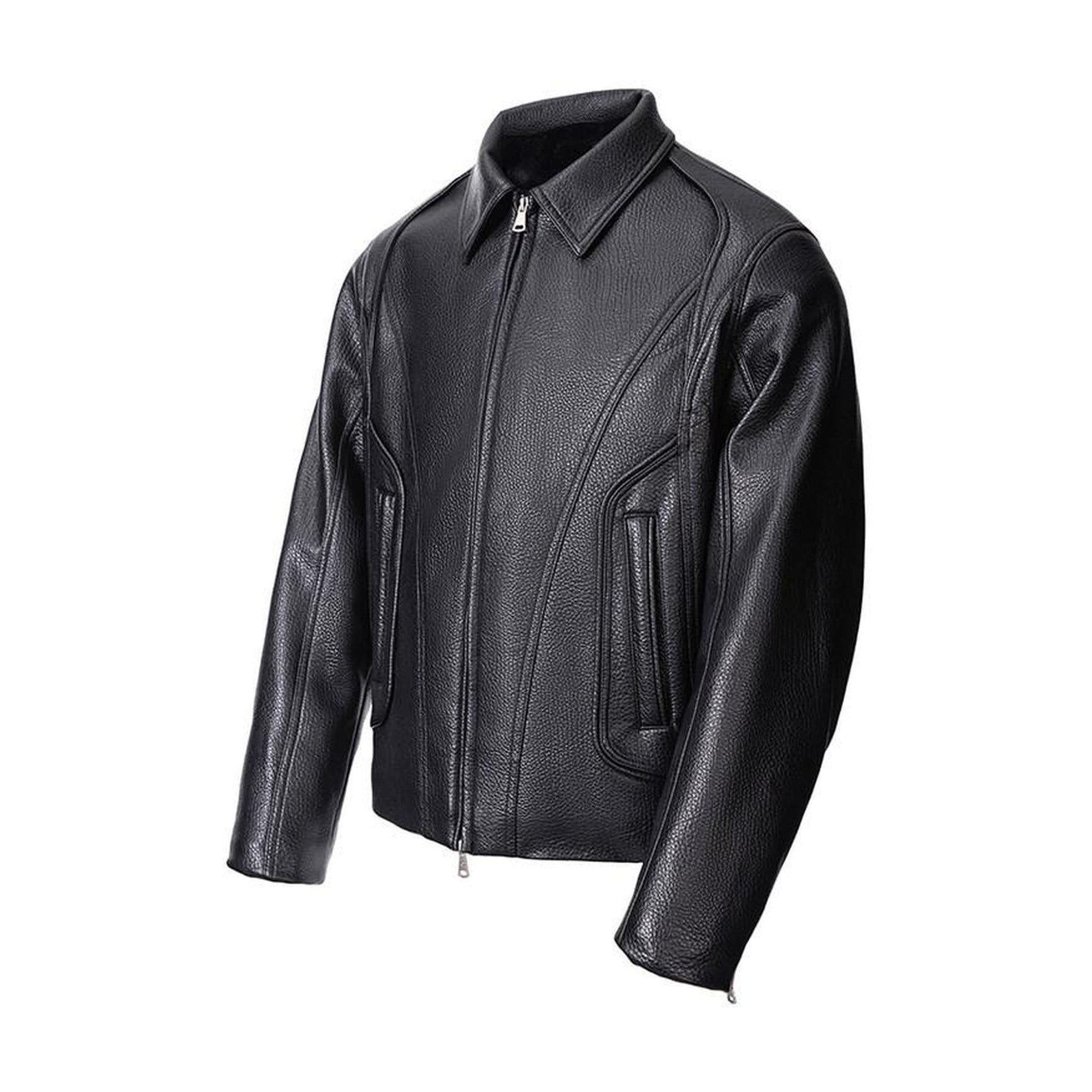 Black Oversized Casual Unisex Zip Front Embossed Mountain Detail Leather Jackets main image