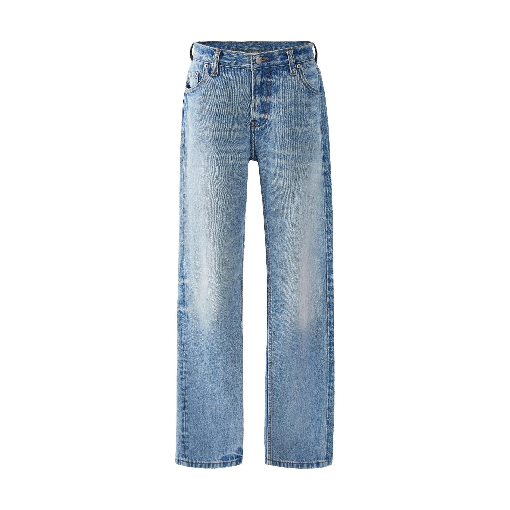 Breathable 100% Cotton Mid Rise 5 Pocket Washed Blue Straight-Leg Jeans main image