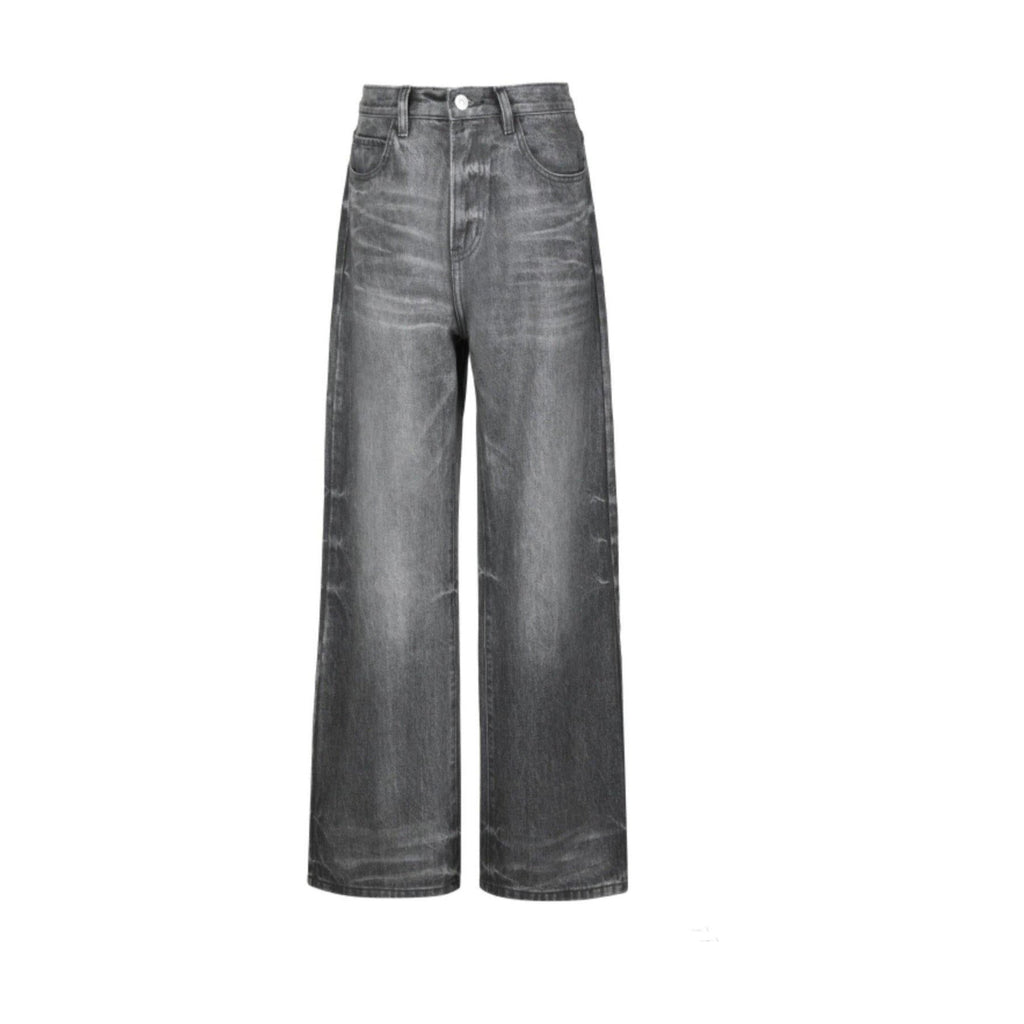 Breathable Cotton Denim Washed Mid Rise Loose Grey Straight-Leg Jeans main image