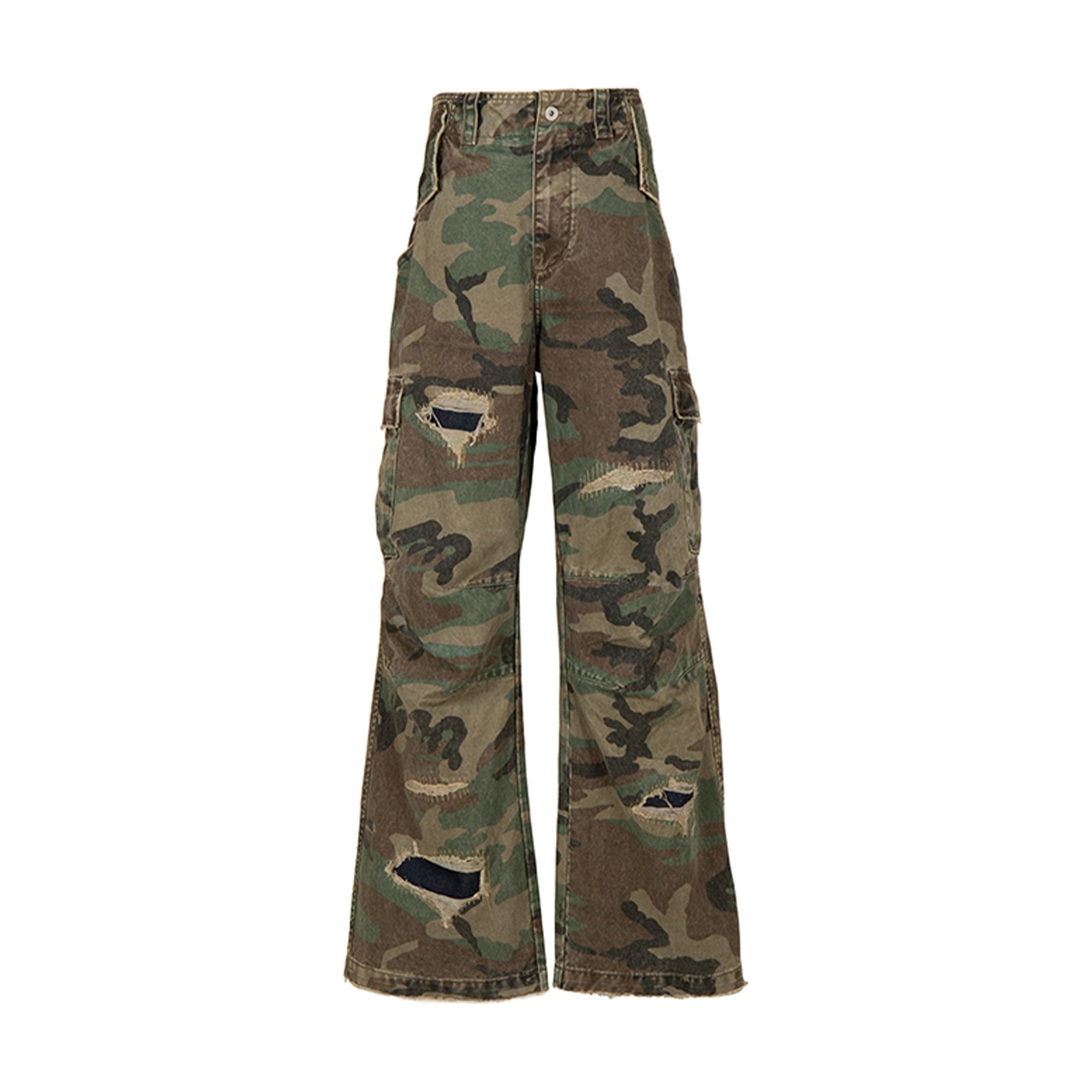 Breathable Cotton Distressed Olive Camo Straight Leg Urban Wide Cargo Pants main image