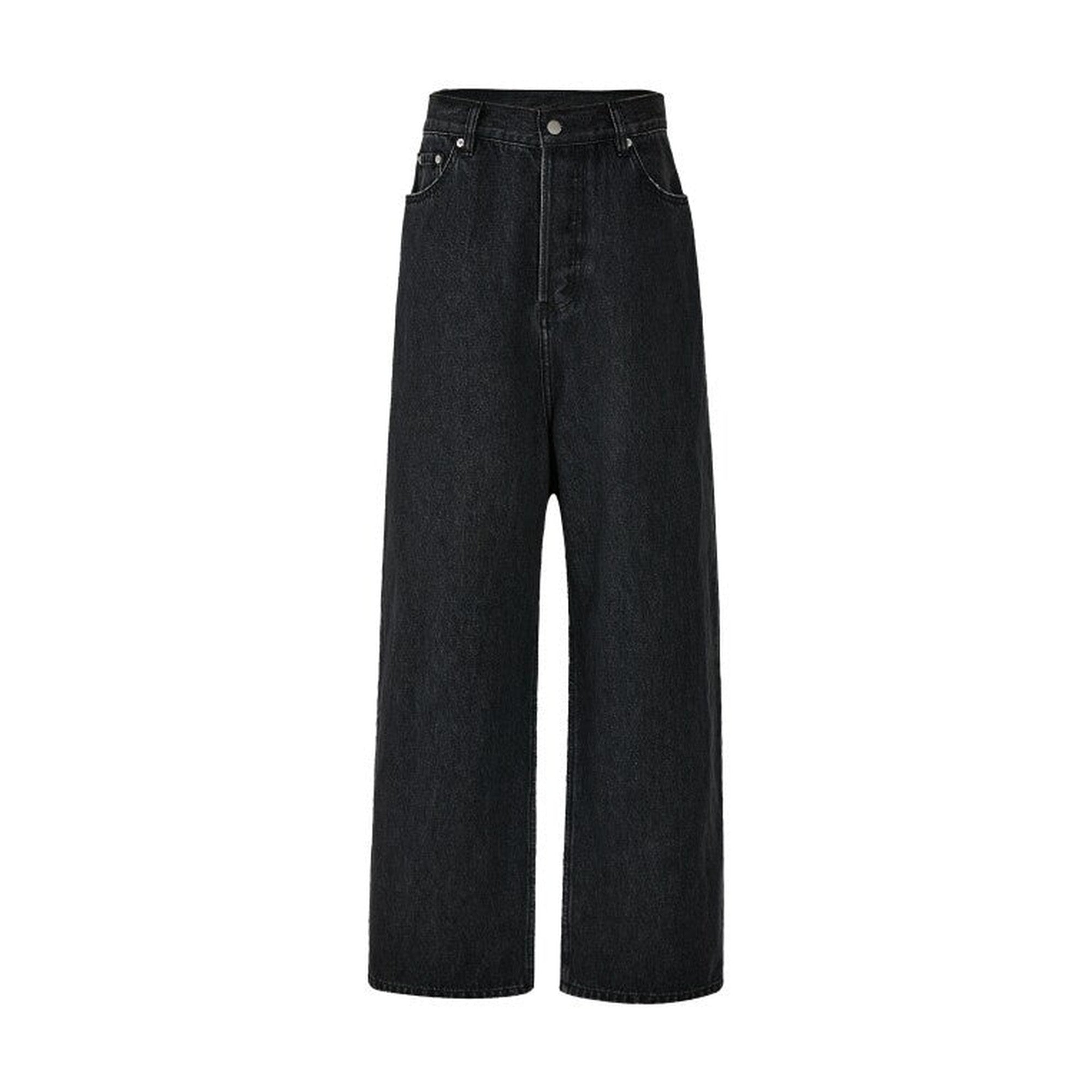 Breathable Cotton High Waist Wide Straight Snow Wash Black Gray Relaxed Jeans main image