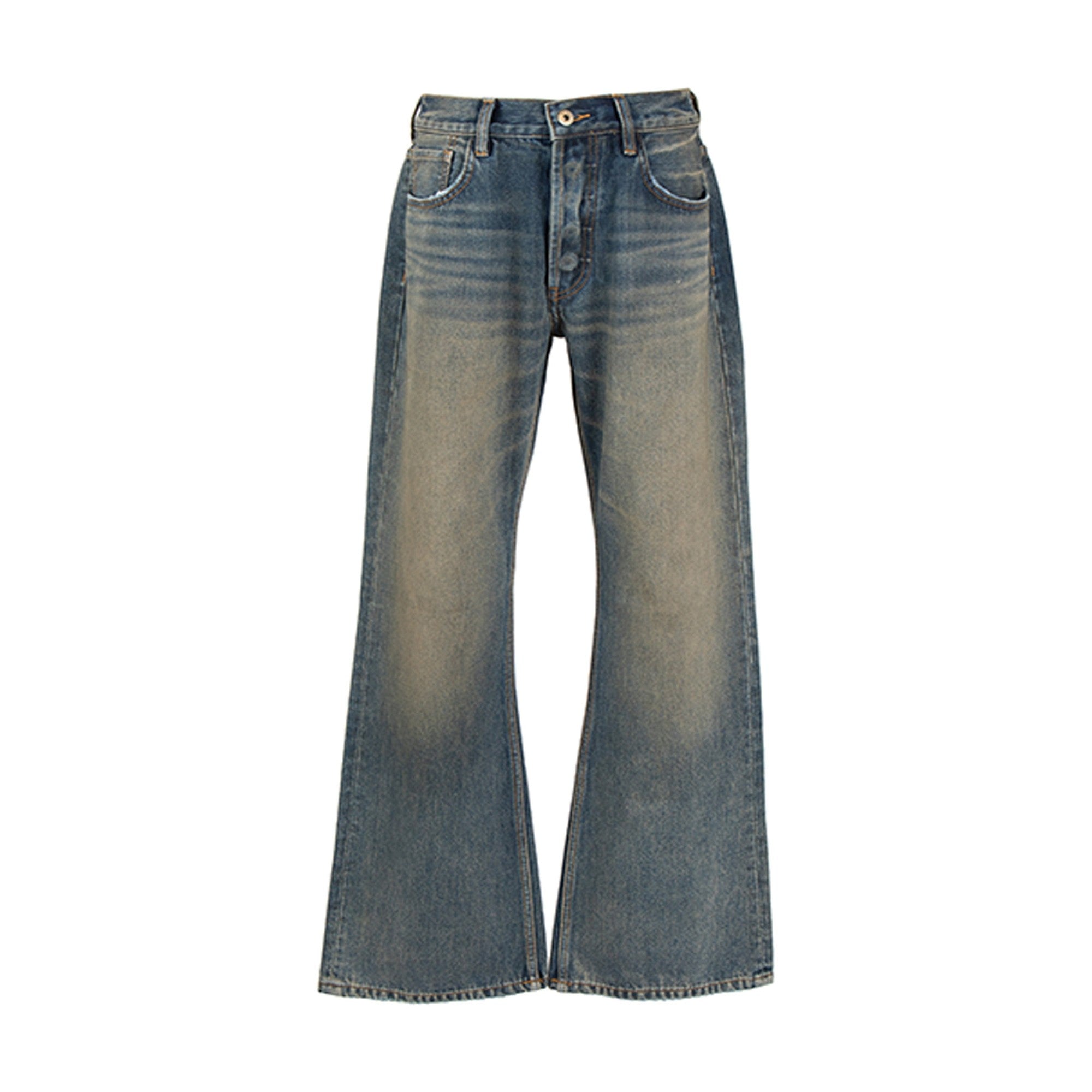 Breathable Cotton Mid Rise Raw Hem Zip Pocket Casual Blue Denim Flared Jeans main image