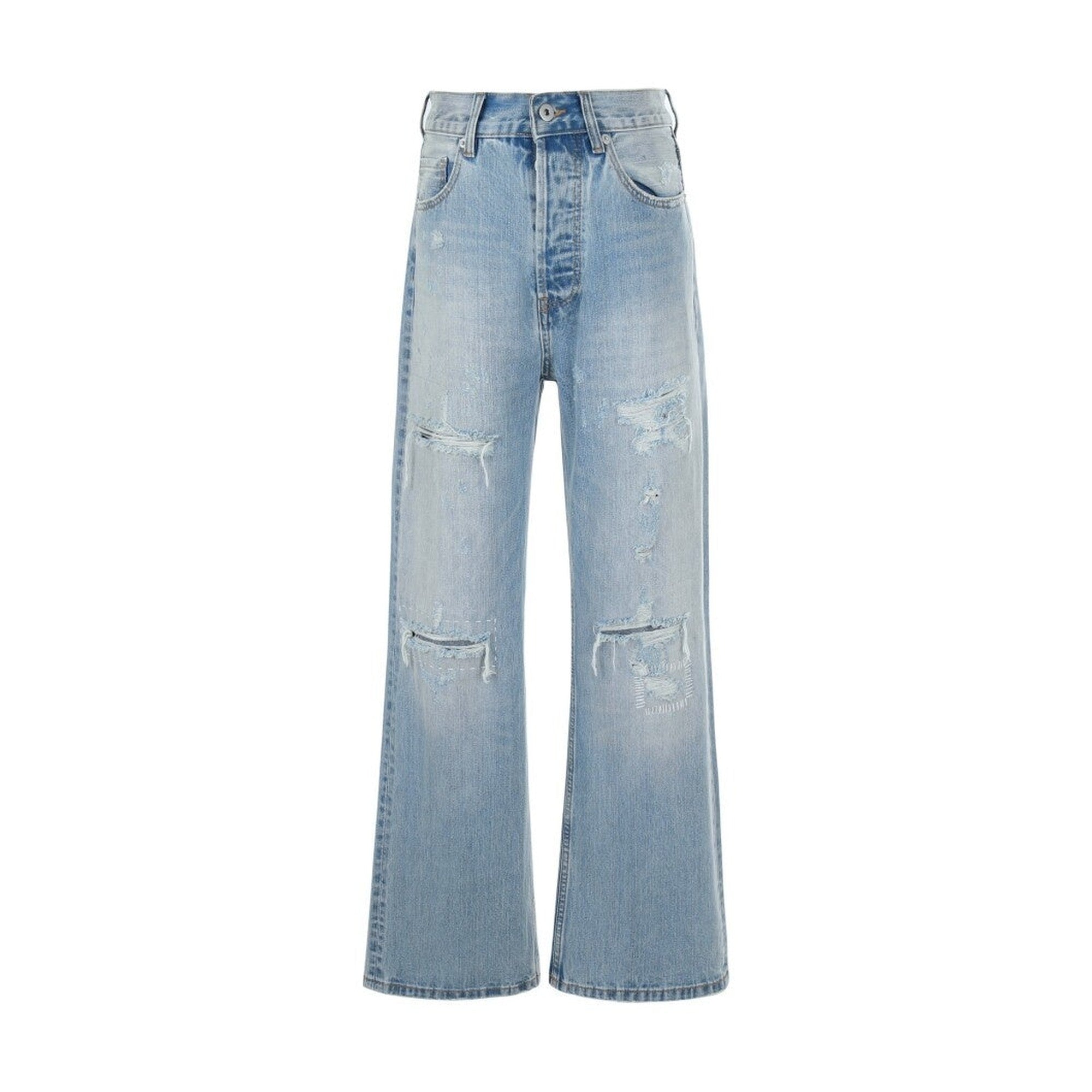 Breathable Cotton Ripped Mid Rise Light Wash Casual Loose Fit Flared Jeans main image