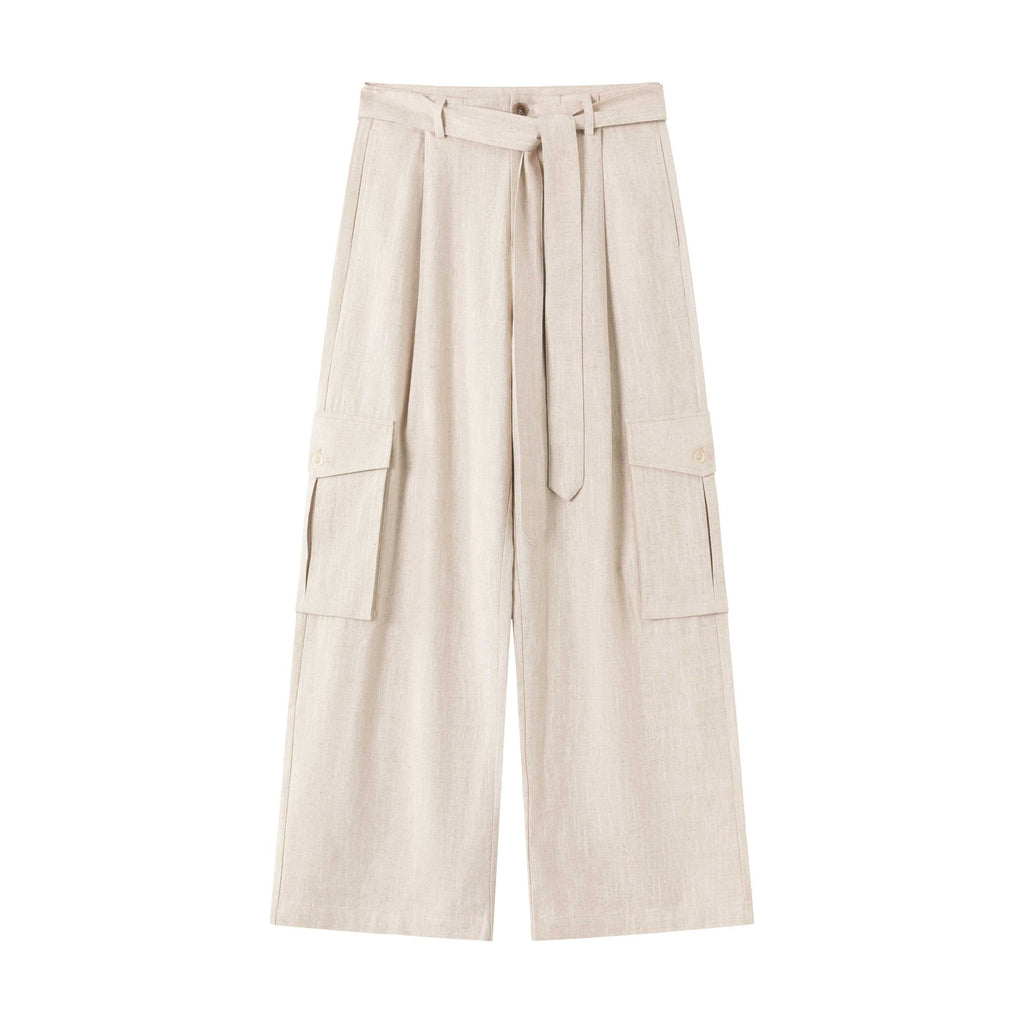 Breathable Linen Blend Loose Midrise Unisex Cargo Pockets Wide Cargo Pants main image