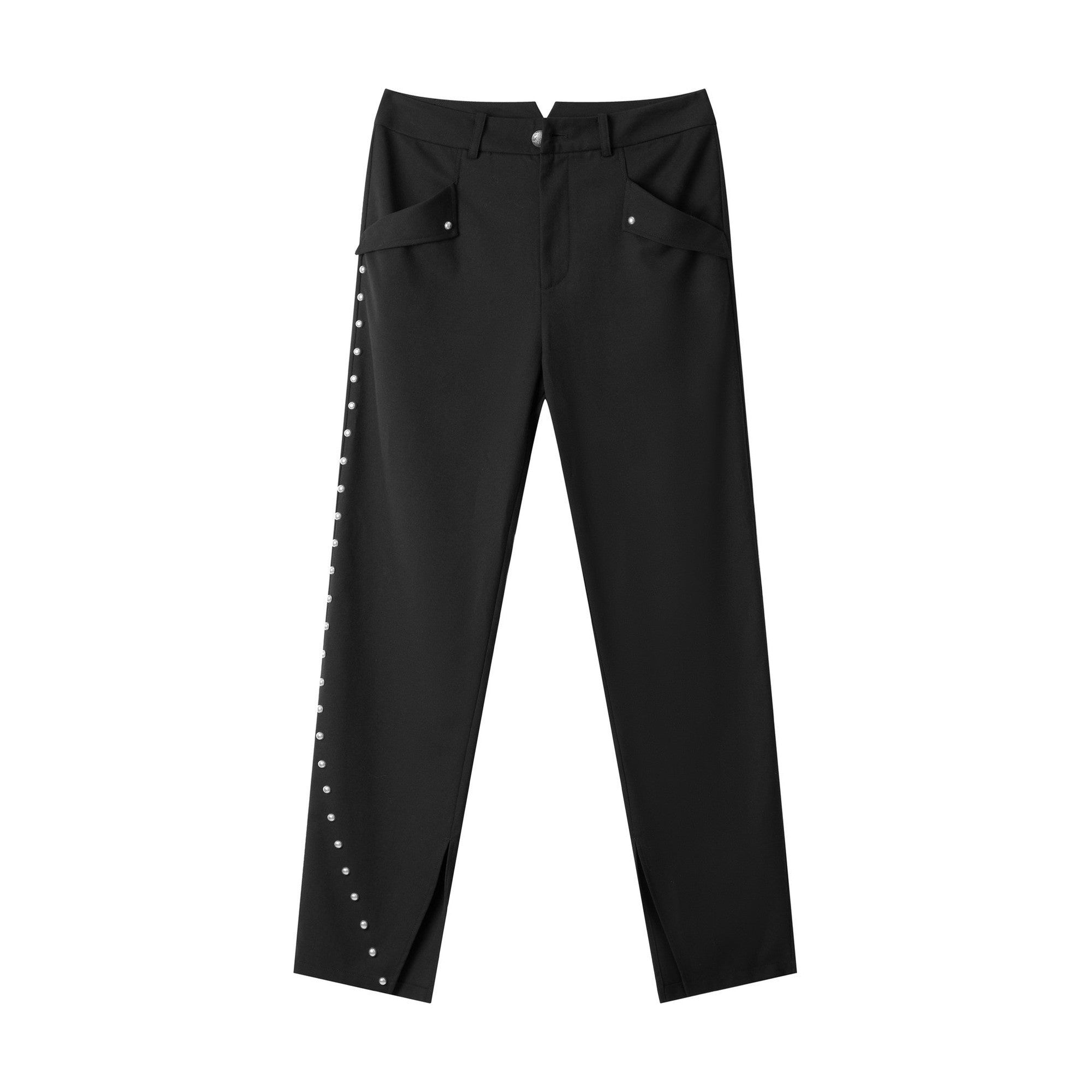 Breathable Metal Mid Rise Split Hem Black Wide-Leg Casual Trousers main image