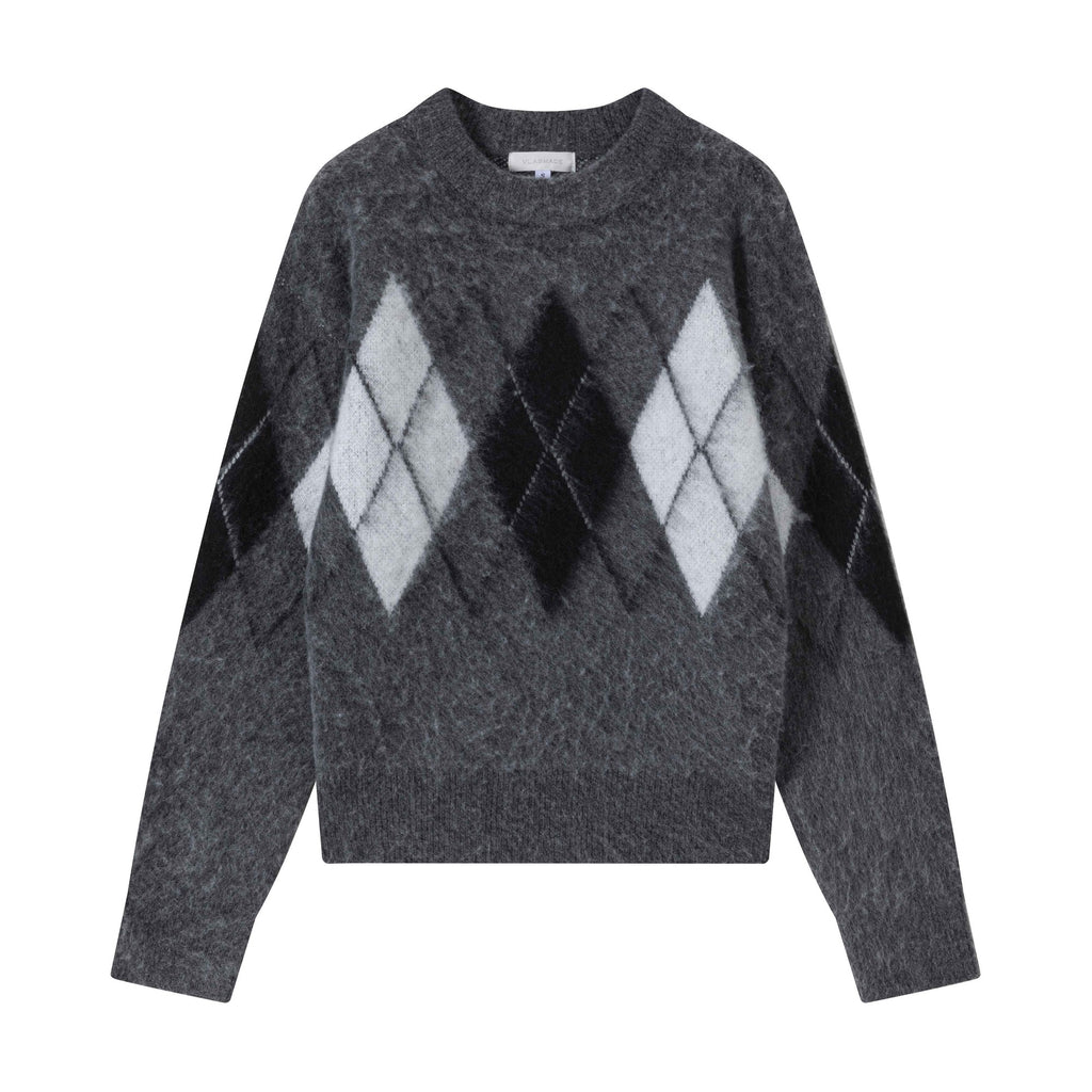 Brushed Wool Blend Cropped Relaxed Diamond Knit Unisex Crewneck Sweaters main image