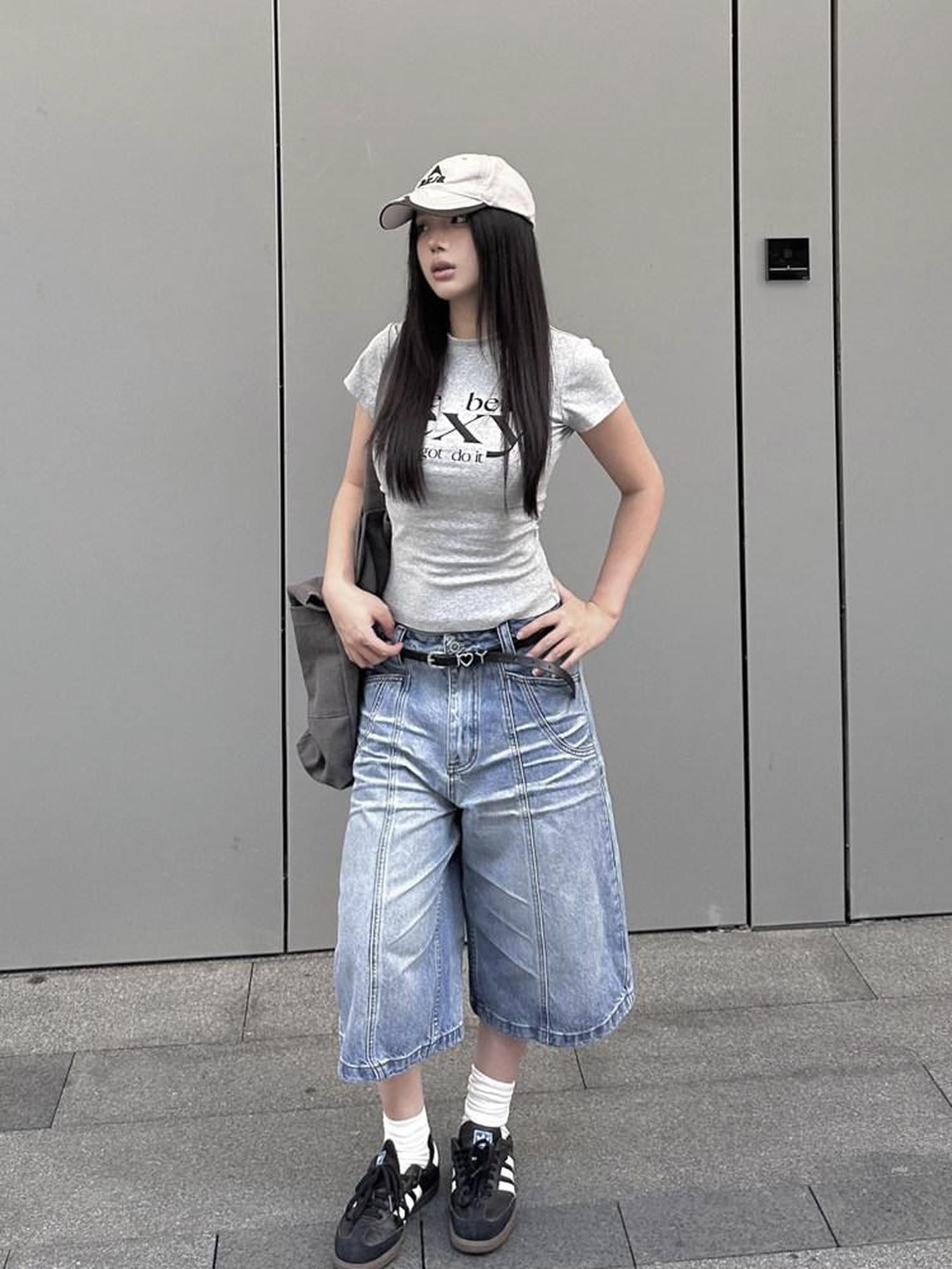 CATSSTAC Leg Slimming Mid Rise Straight Zip Fly Trendy Youth Black Blue Denim Shorts