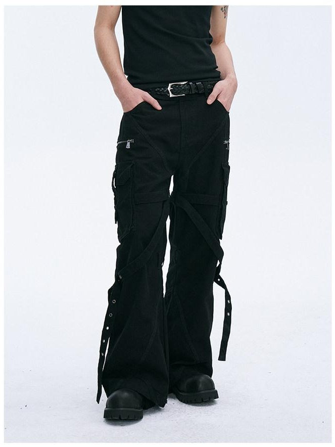 CATSSTAC Tie Detail Button Fly Loose Youth Casual Black Straight Pants