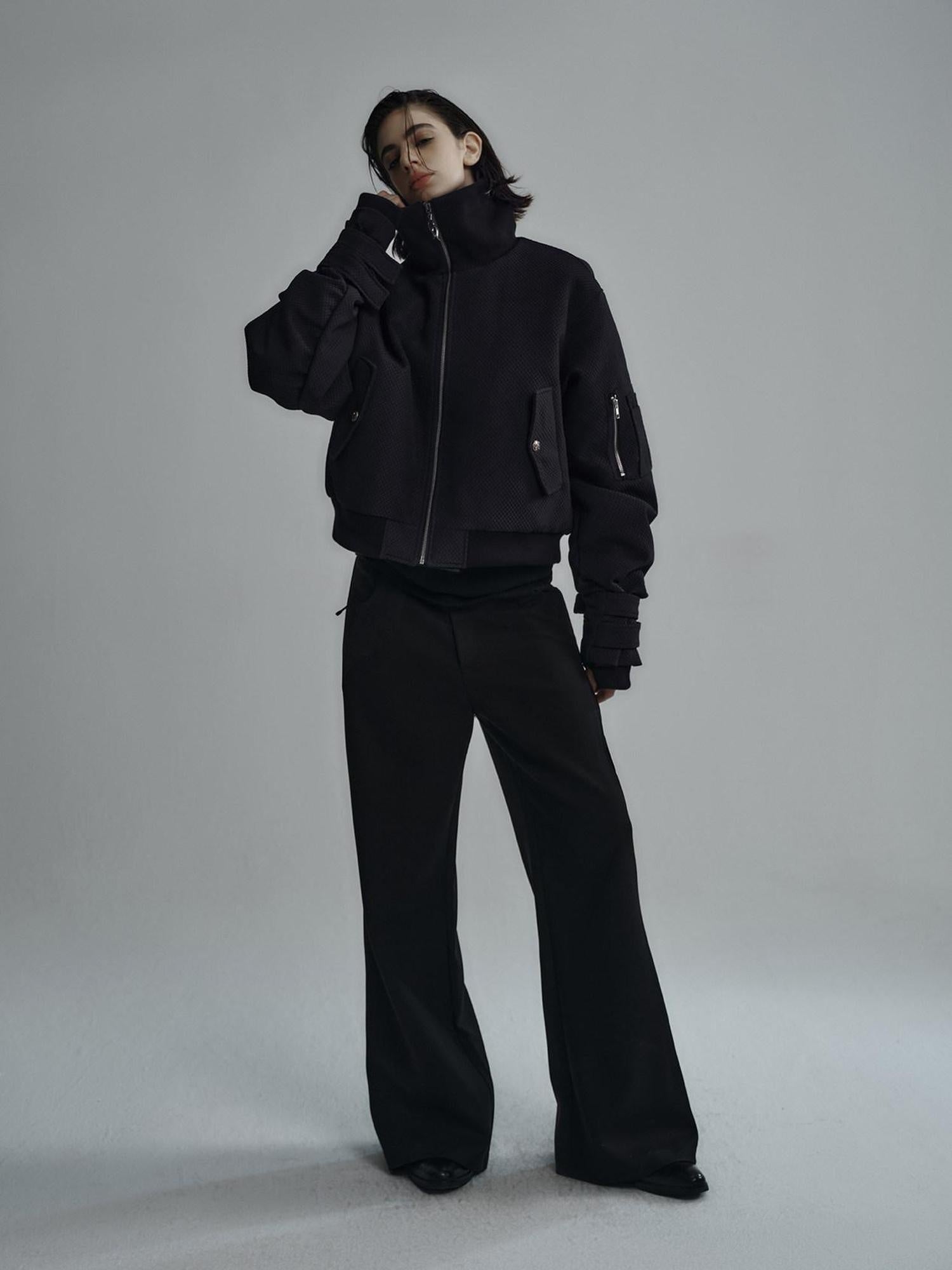 Hypeyourself Thick Fleece Lined Cropped Boxy Stand Collar Unisex Black Zipper Puffer Jackets